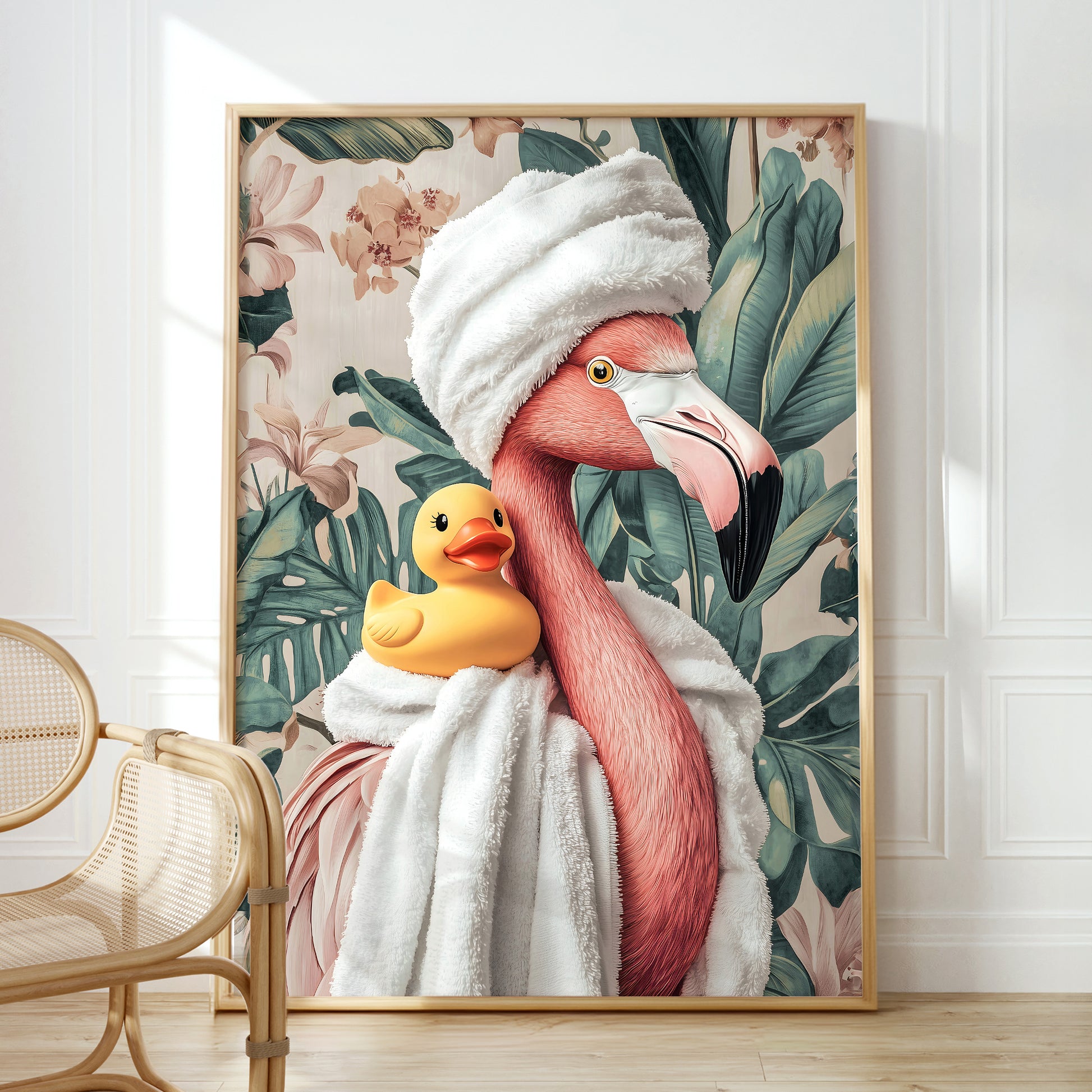 a flamingo and a rubber duck wrapped in a towel