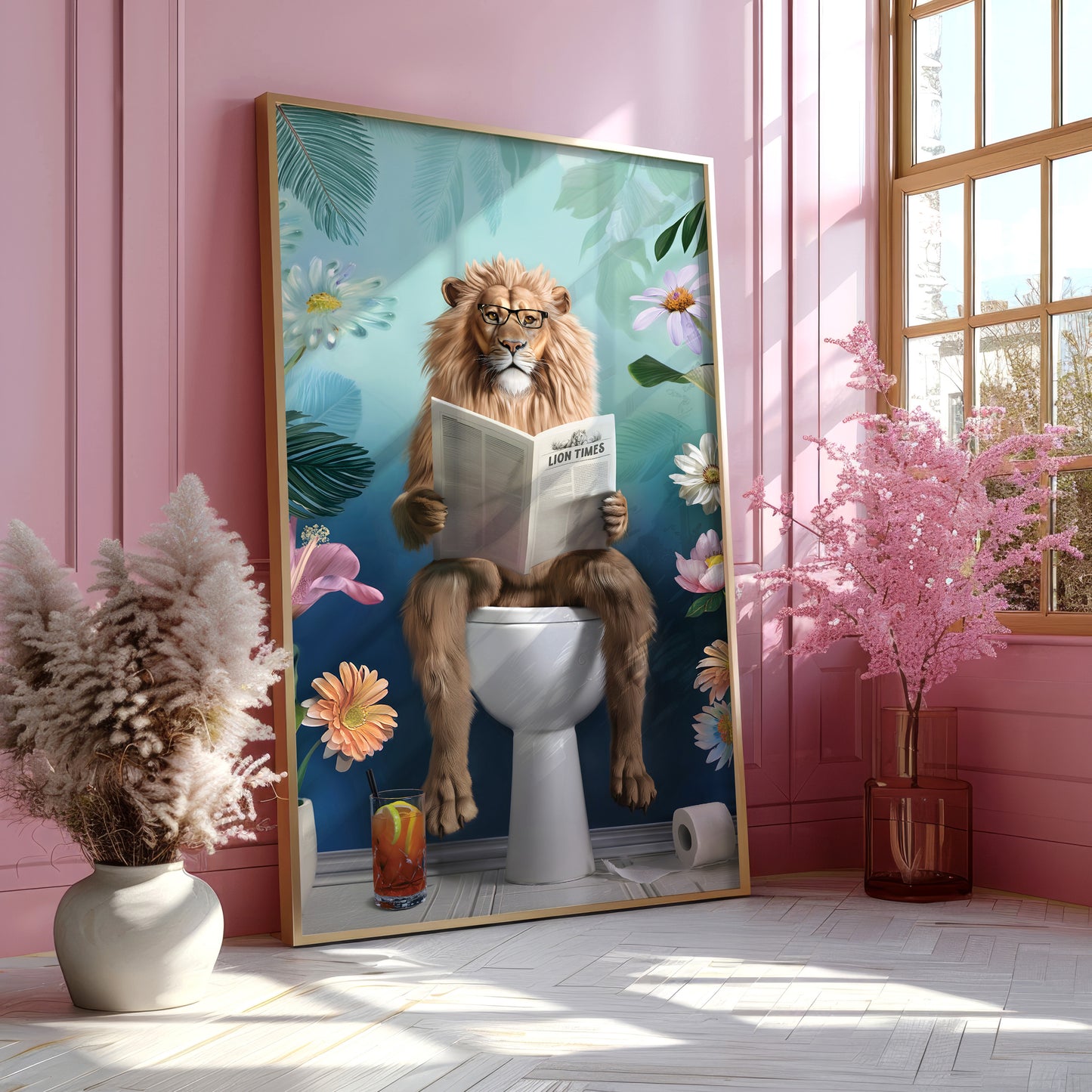 a painting of a lion sitting on a toilet reading a book