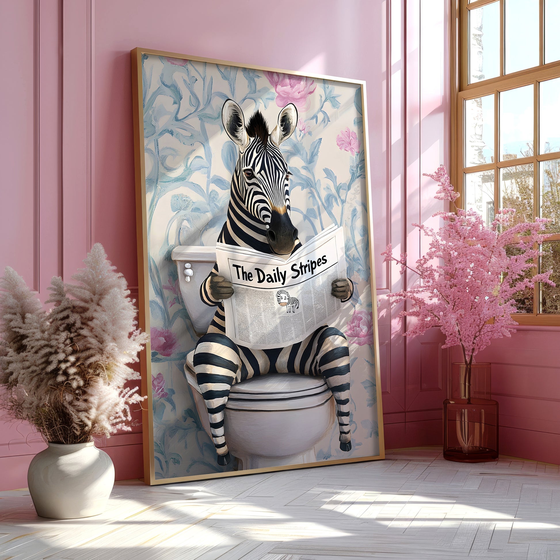 a picture of a zebra sitting on a toilet reading a newspaper