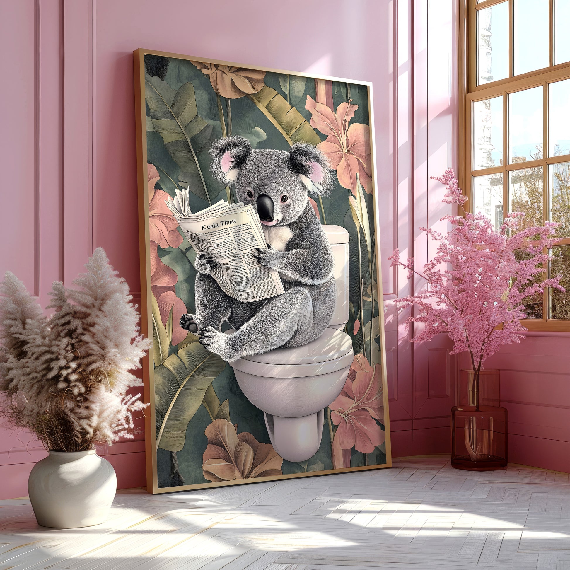 a painting of a koala sitting on a toilet reading a newspaper