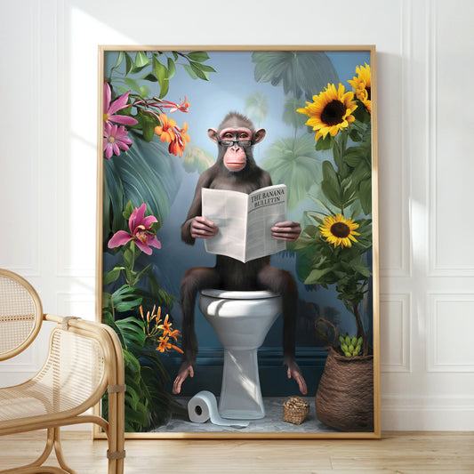 a monkey sitting on a toilet reading a newspaper