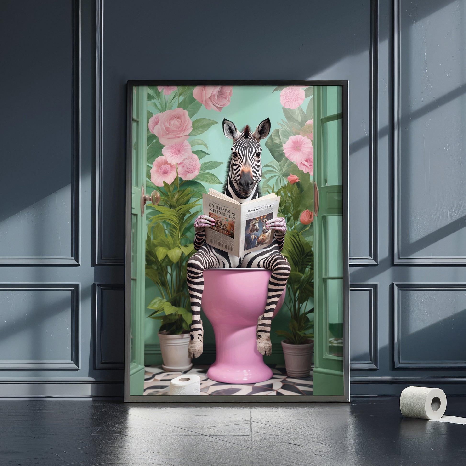 a picture of a zebra sitting on a pink toilet