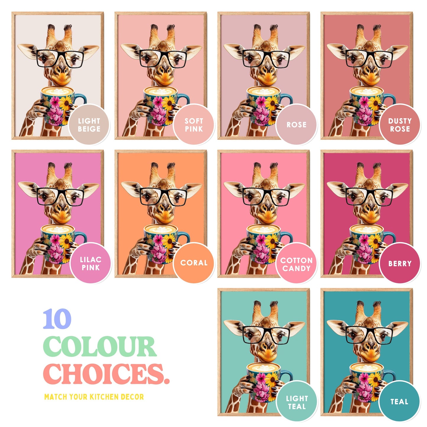 a giraffe wearing glasses and a colorful background