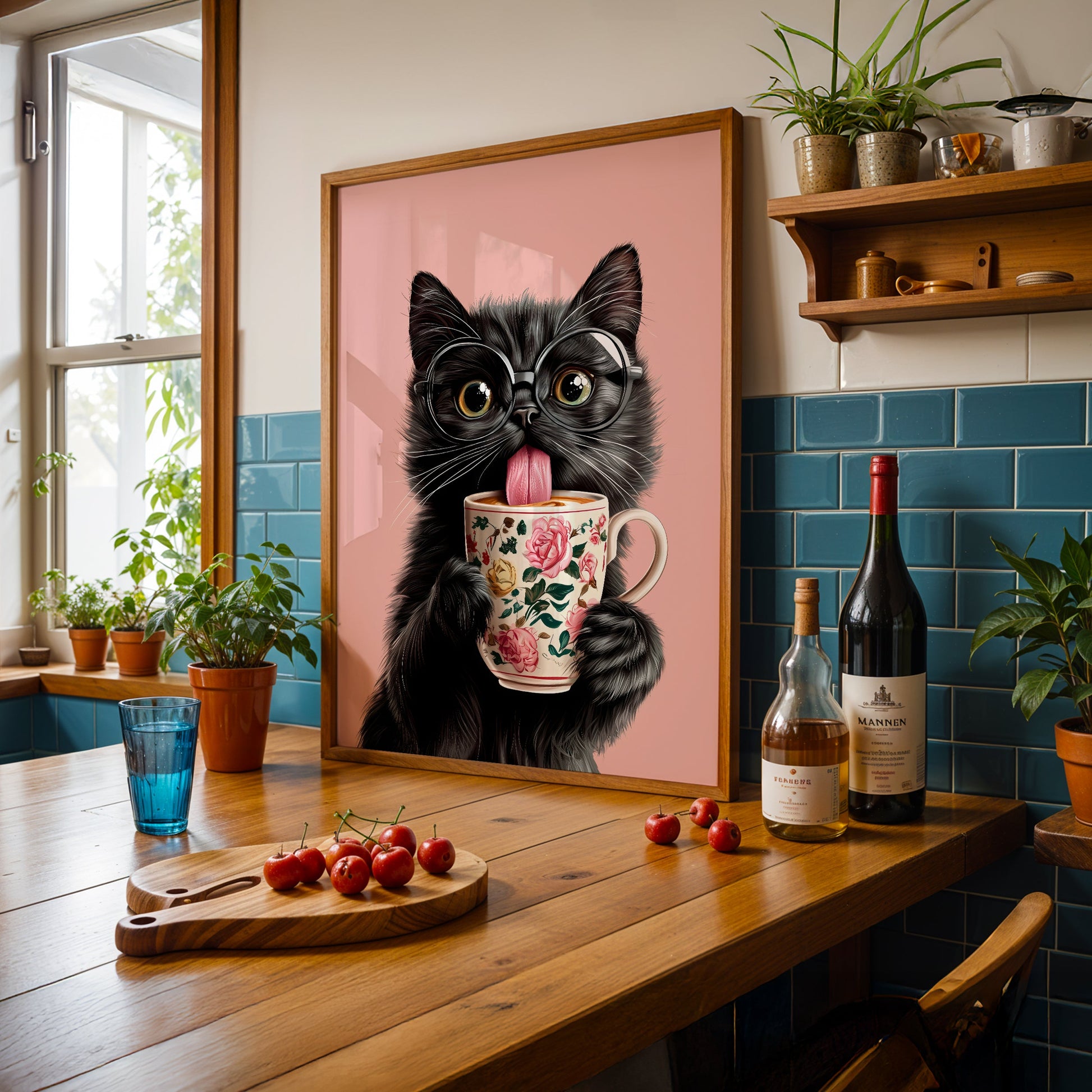 a picture of a cat with a cup of coffee