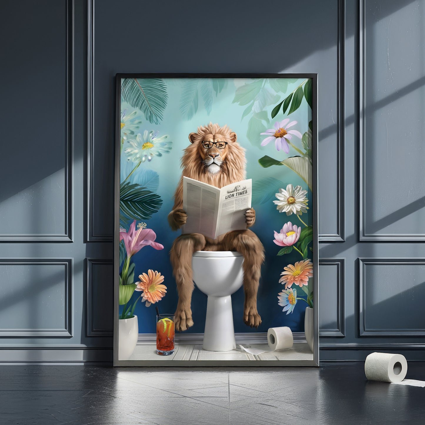 a painting of a lion sitting on a toilet reading a newspaper