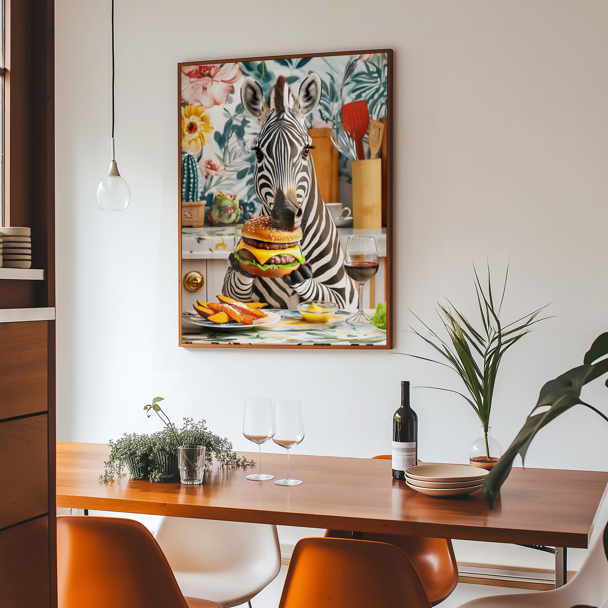 a painting of a zebra eating a hamburger on a table