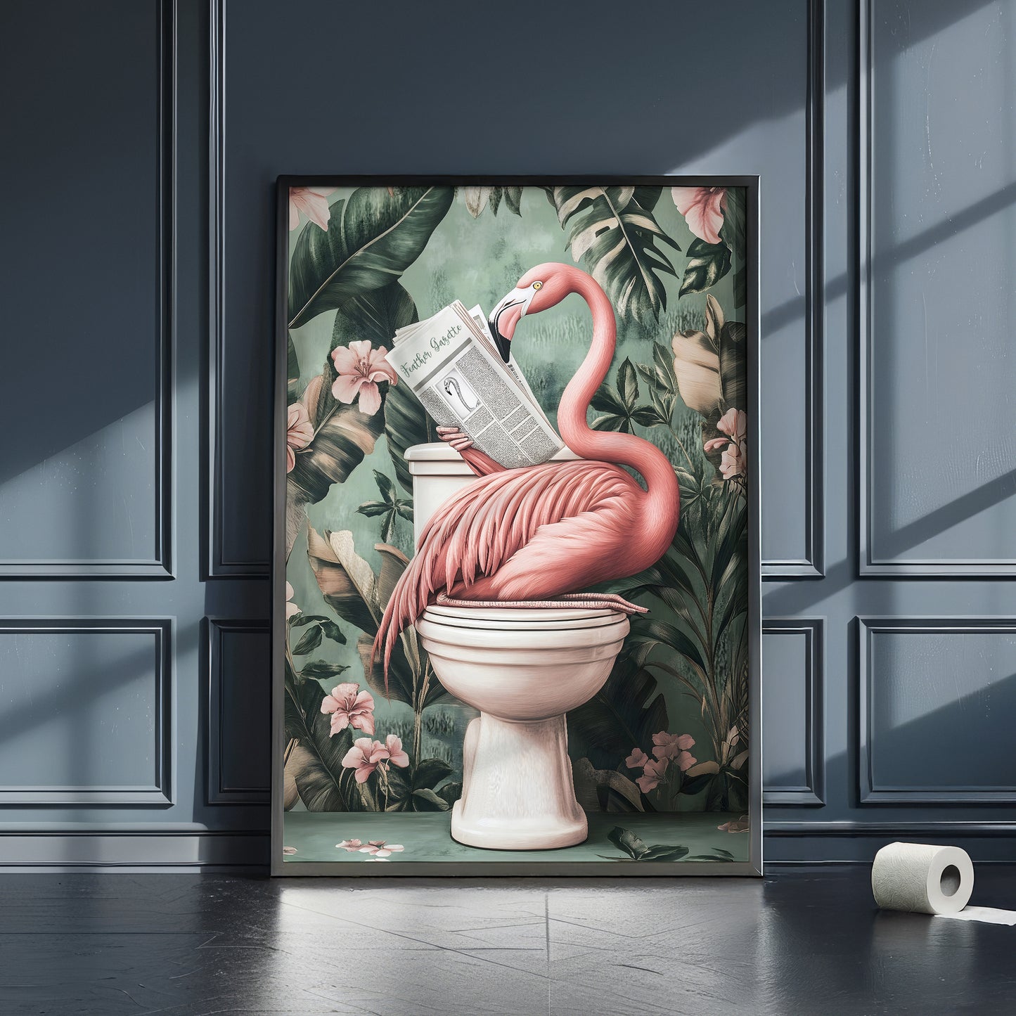 a painting of a pink flamingo sitting on a toilet