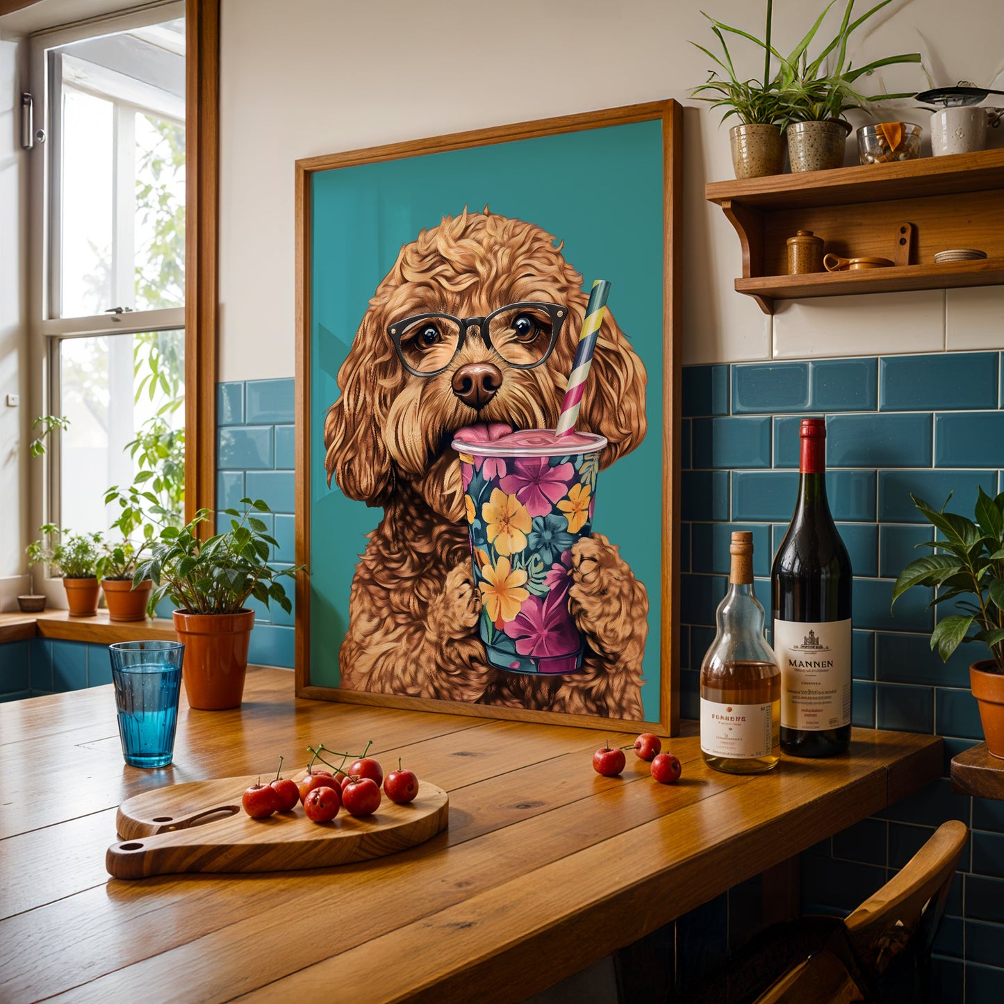 a painting of a dog with a drink in its mouth