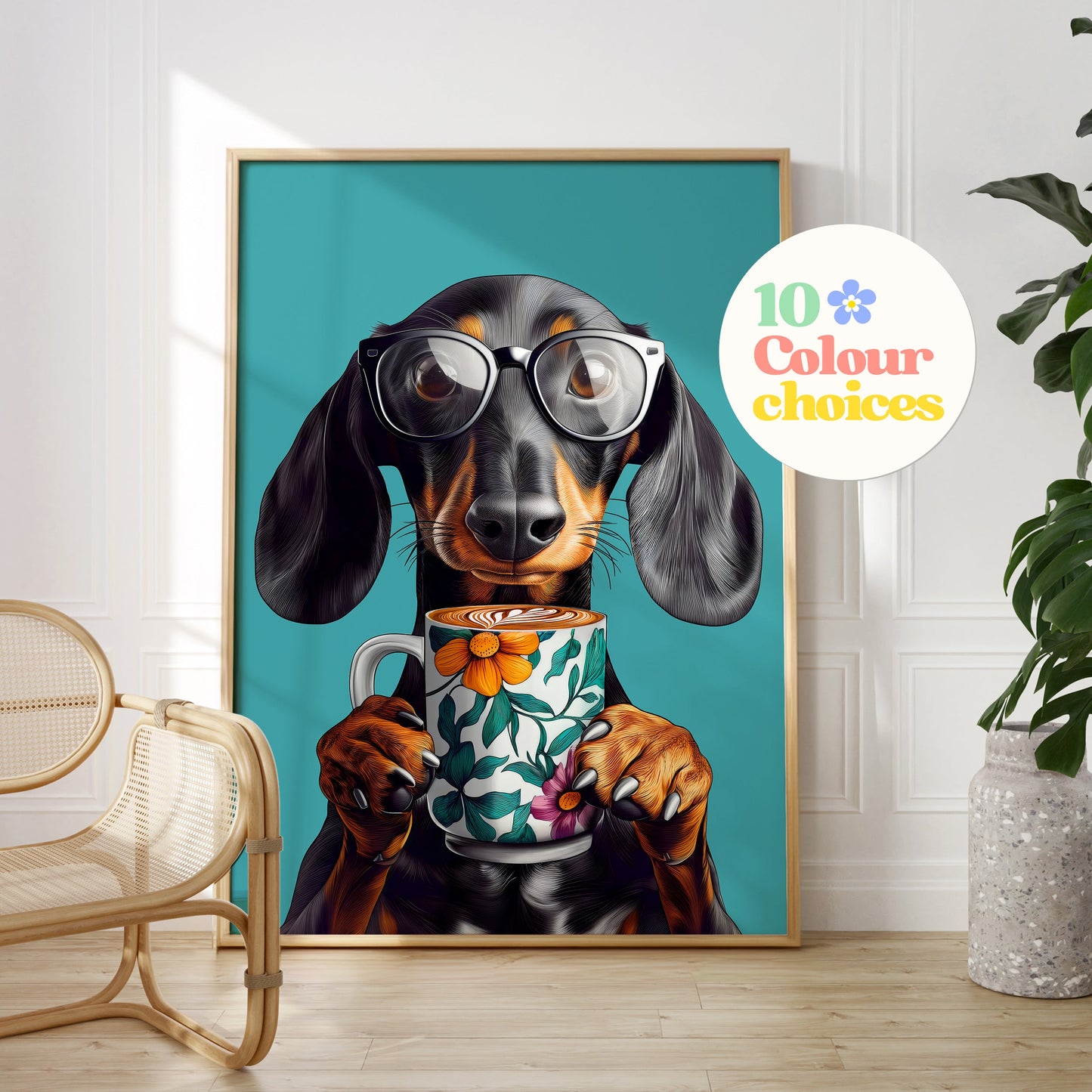 a painting of a dachshund dog with glasses holding a cup of coffee