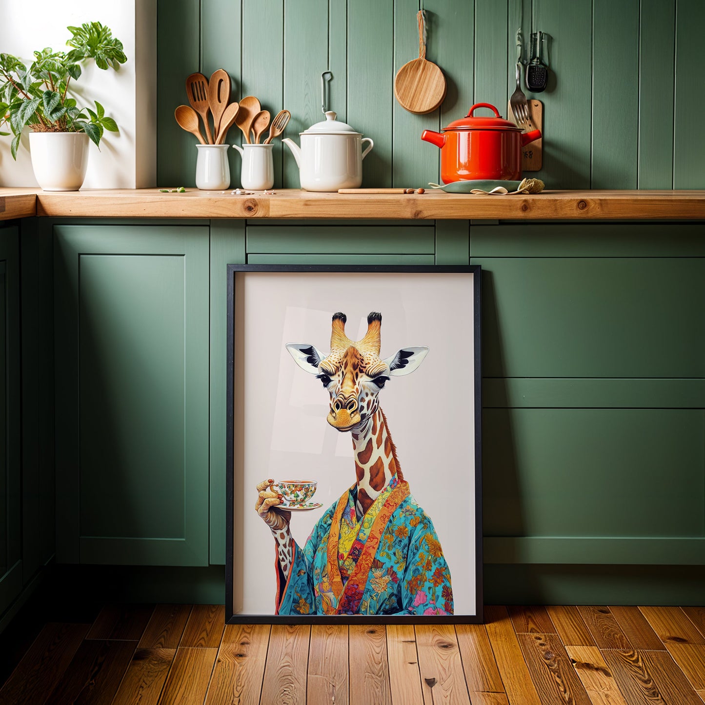 a picture of a giraffe in a kitchen