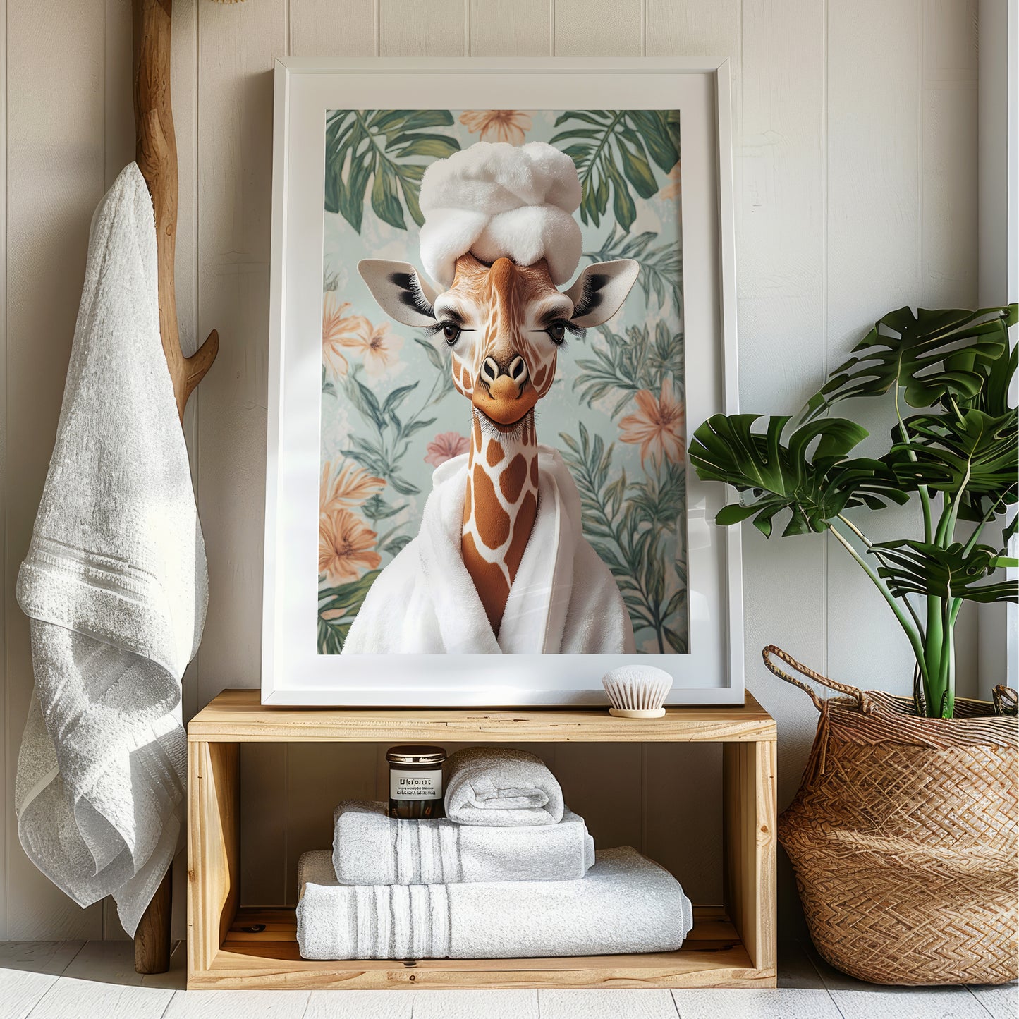 Giraffe in Robe Bathroom Print