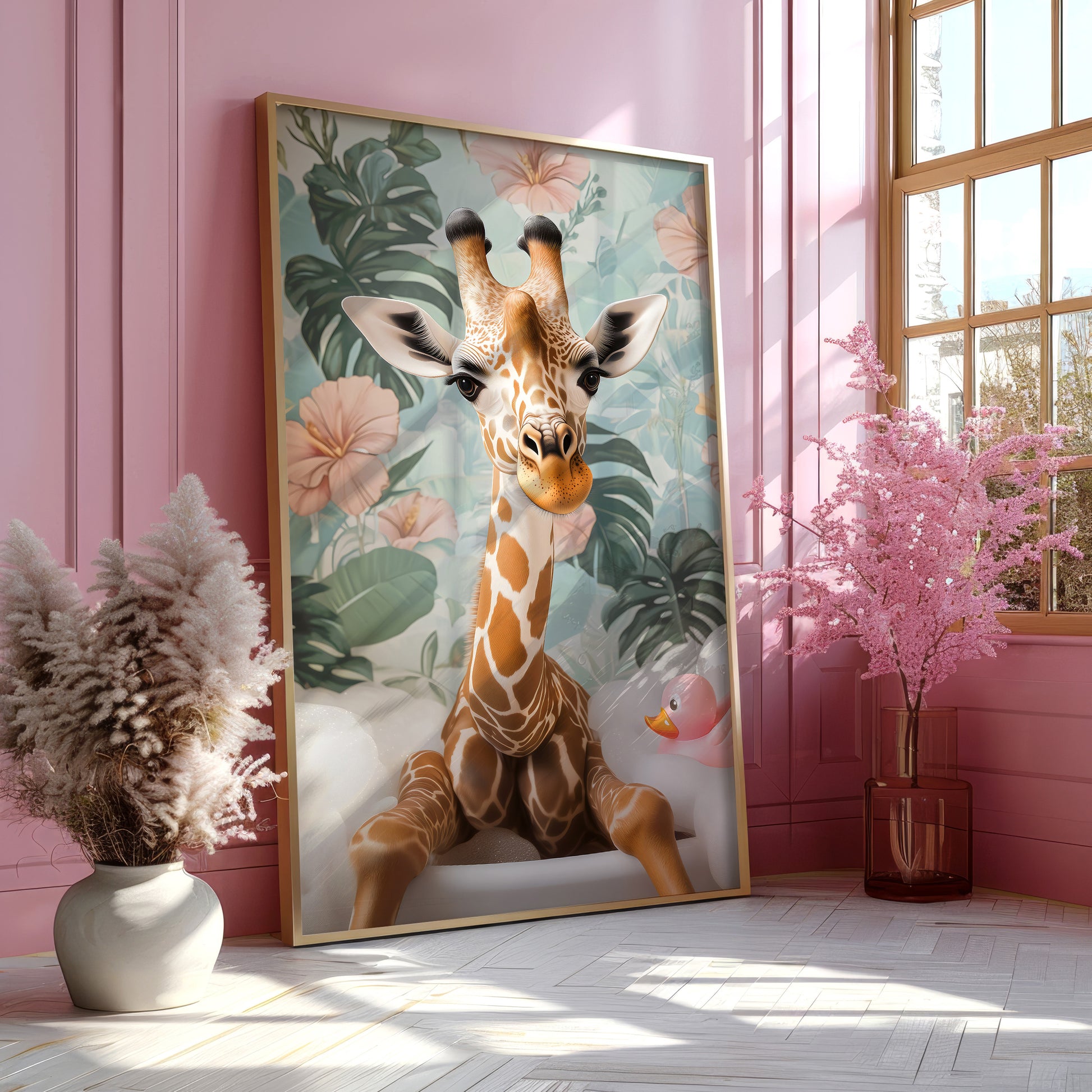 a picture of a giraffe in a pink room