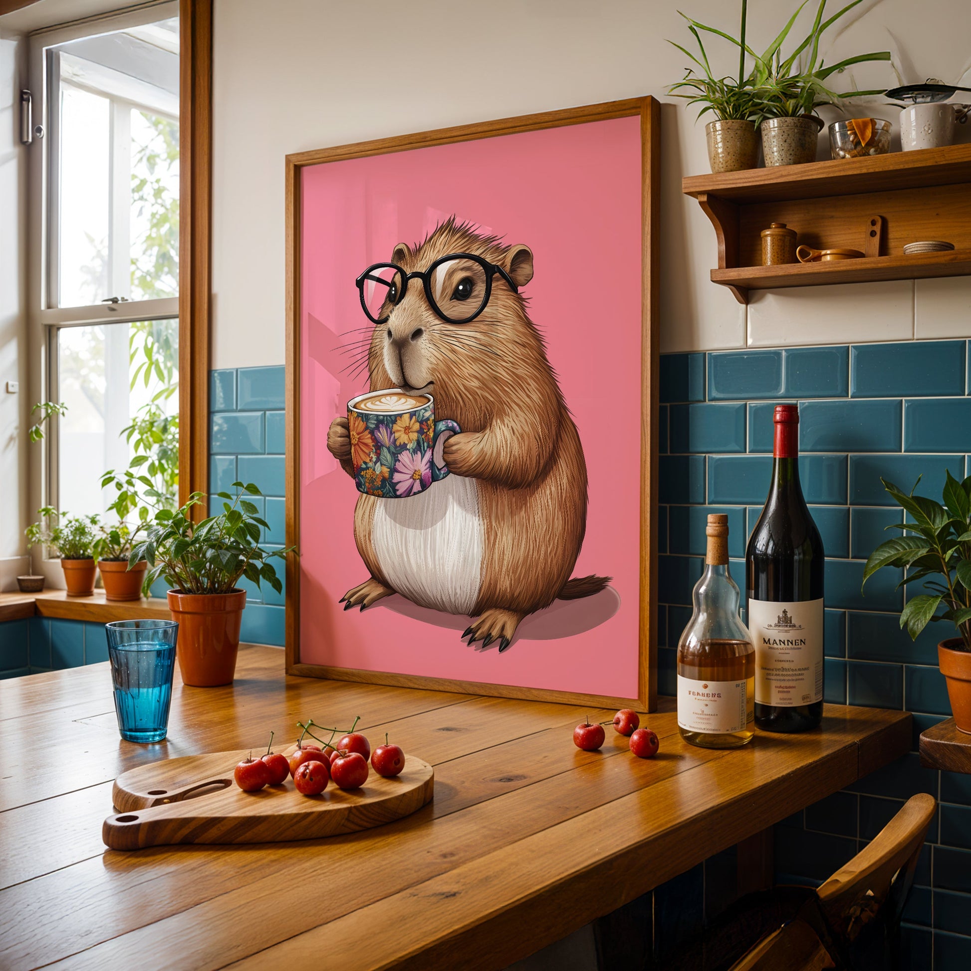 a painting of a rodent holding a cup of coffee