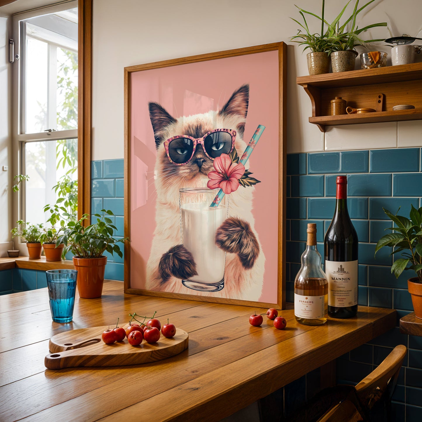 a painting of a cat wearing sunglasses and drinking wine