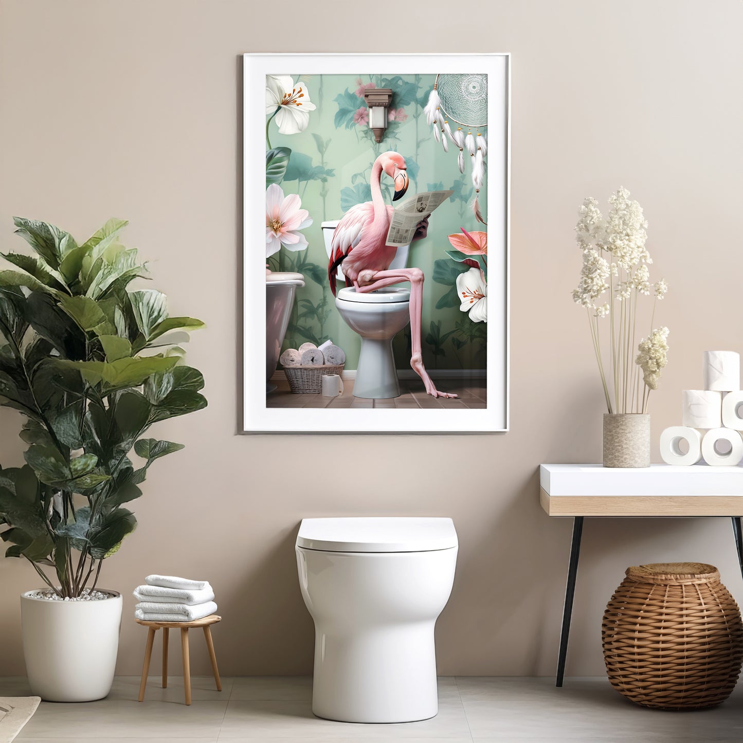 a picture of a pink flamingo sitting on a toilet