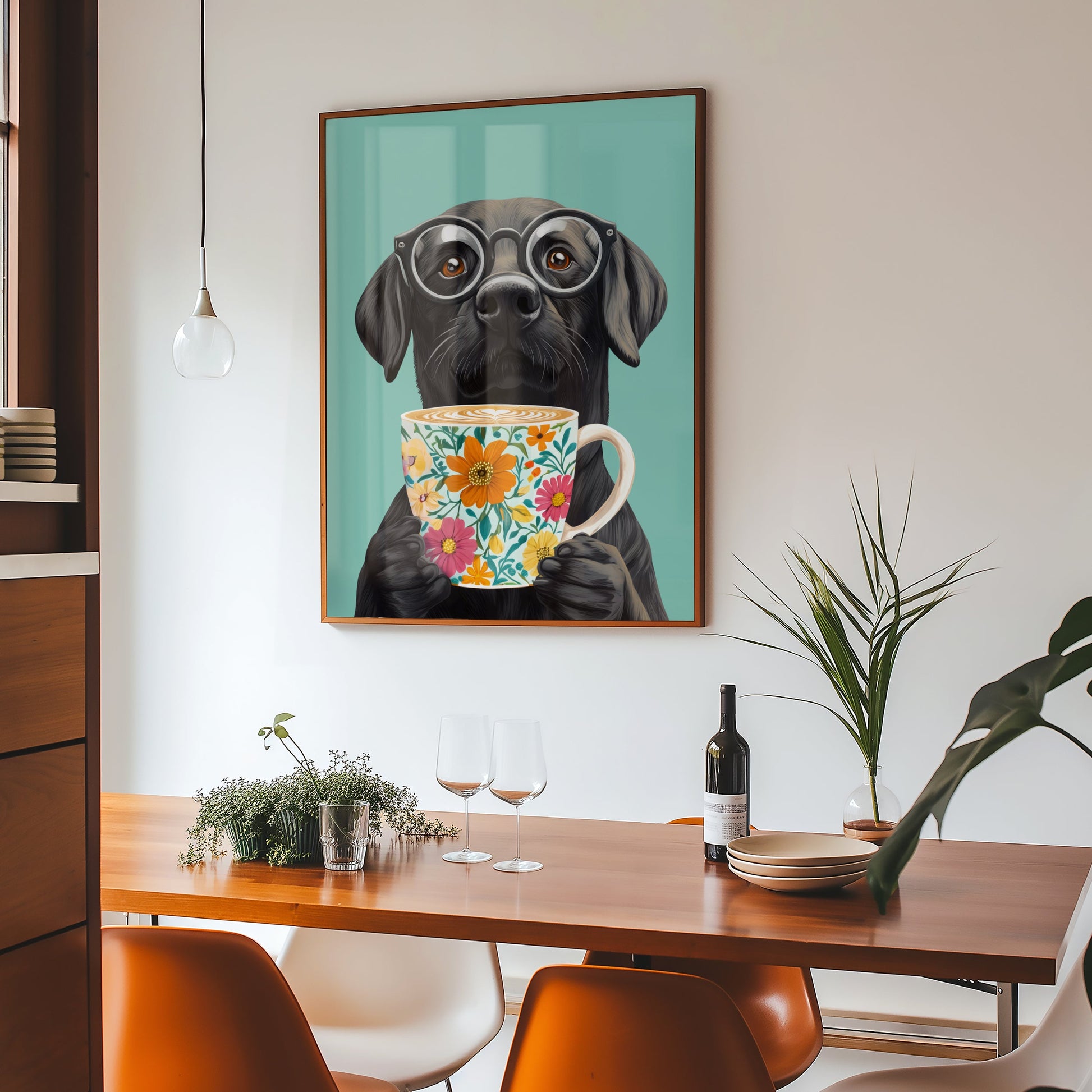 a painting of a dog holding a cup of coffee