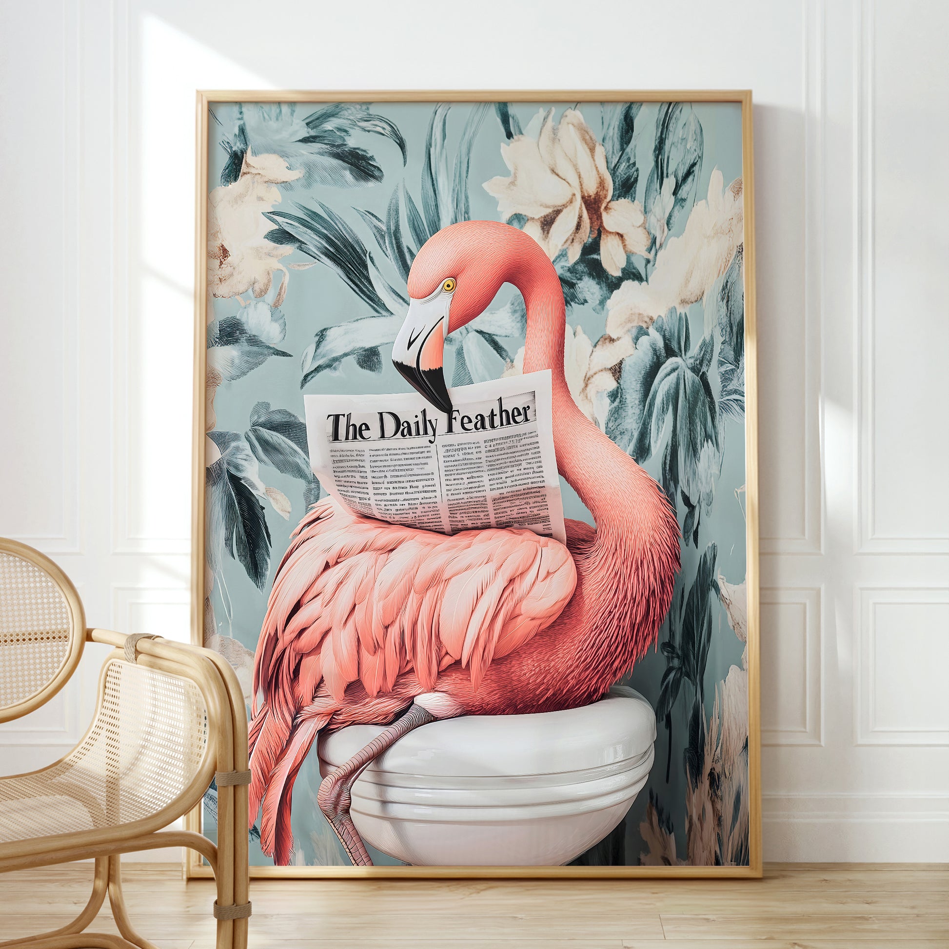 a pink flamingo sitting on a toilet reading a newspaper