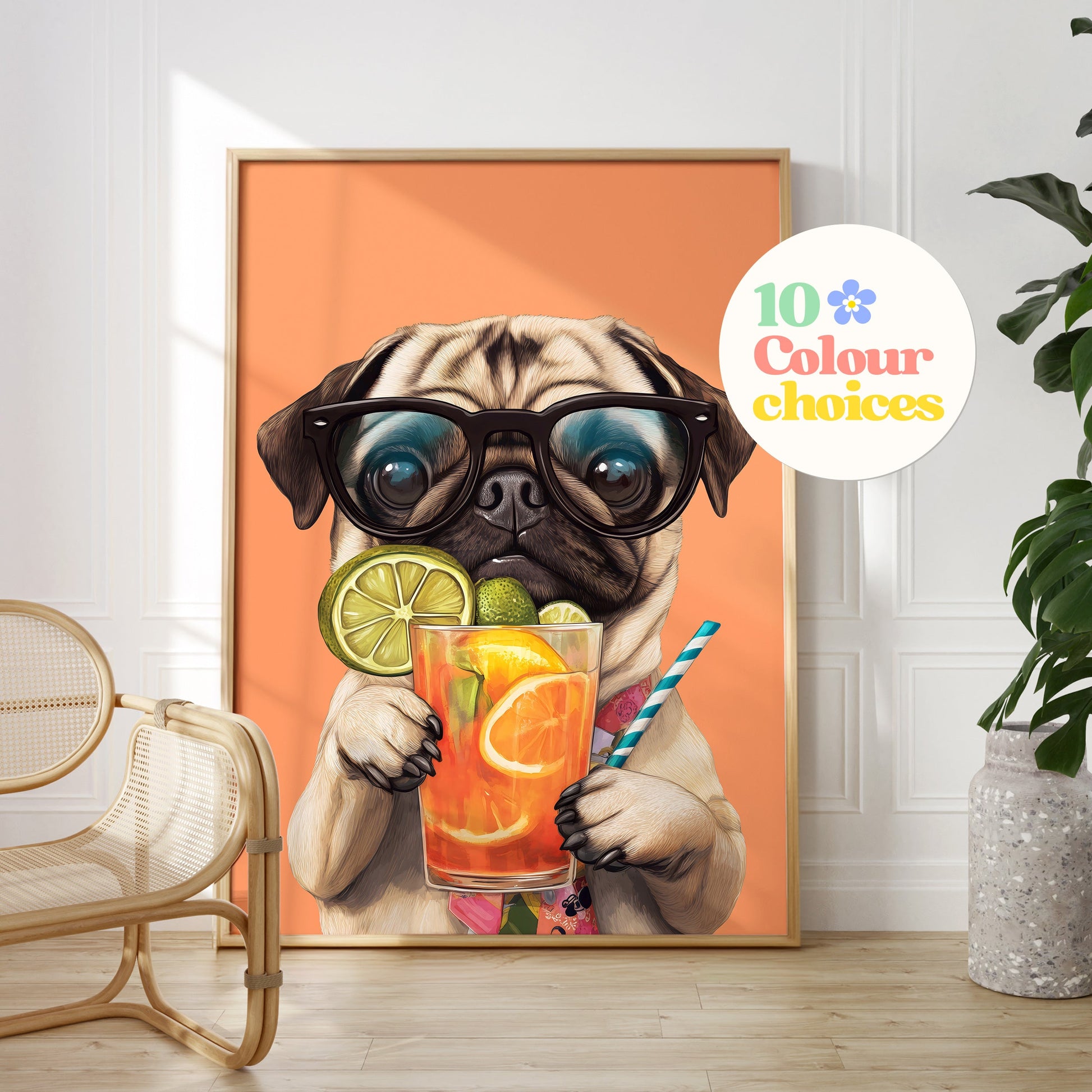 a picture of a pug dog with glasses holding a drink