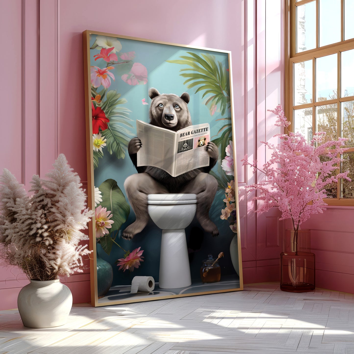 a picture of a bear sitting on a toilet reading a newspaper