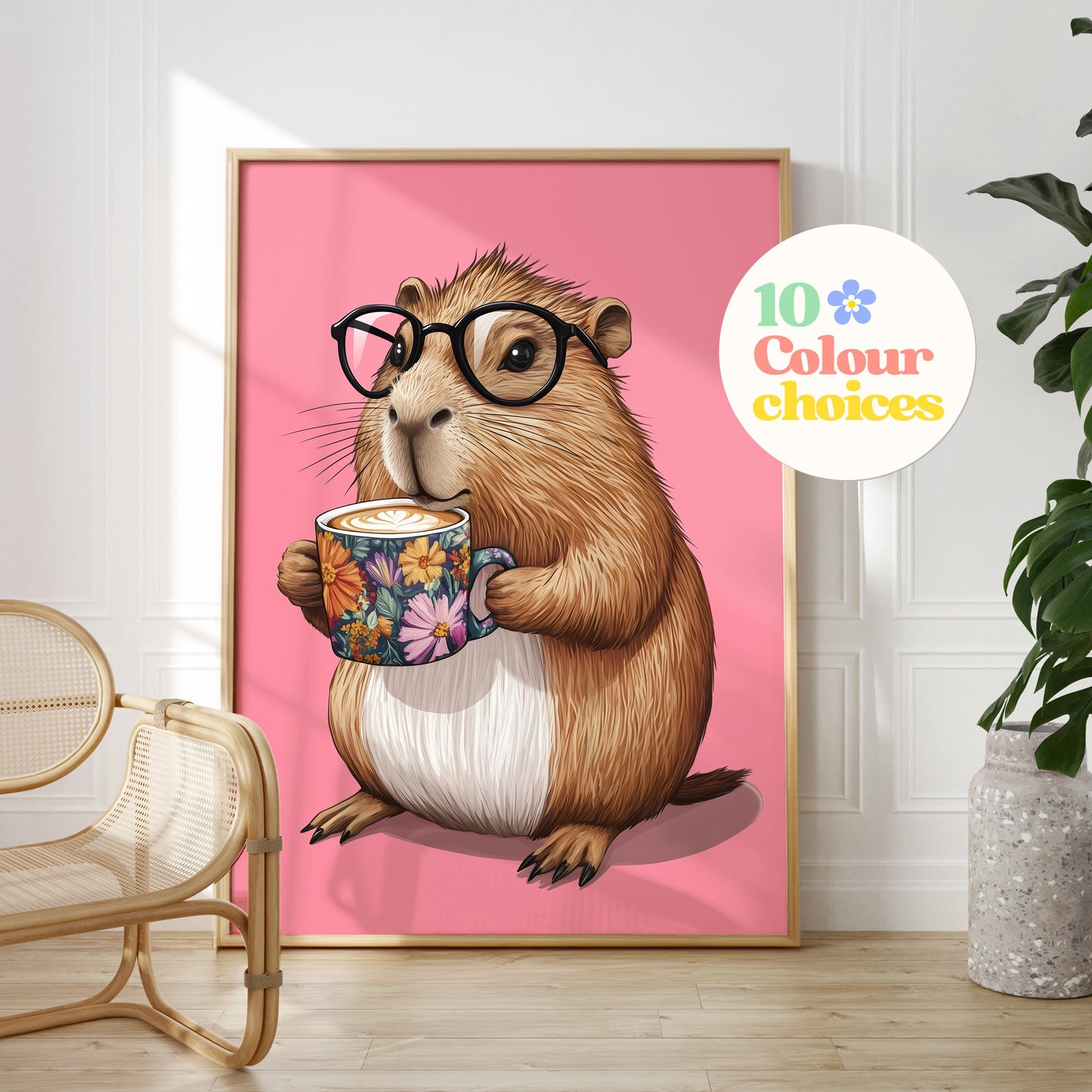 a painting of a rodent holding a cup of coffee