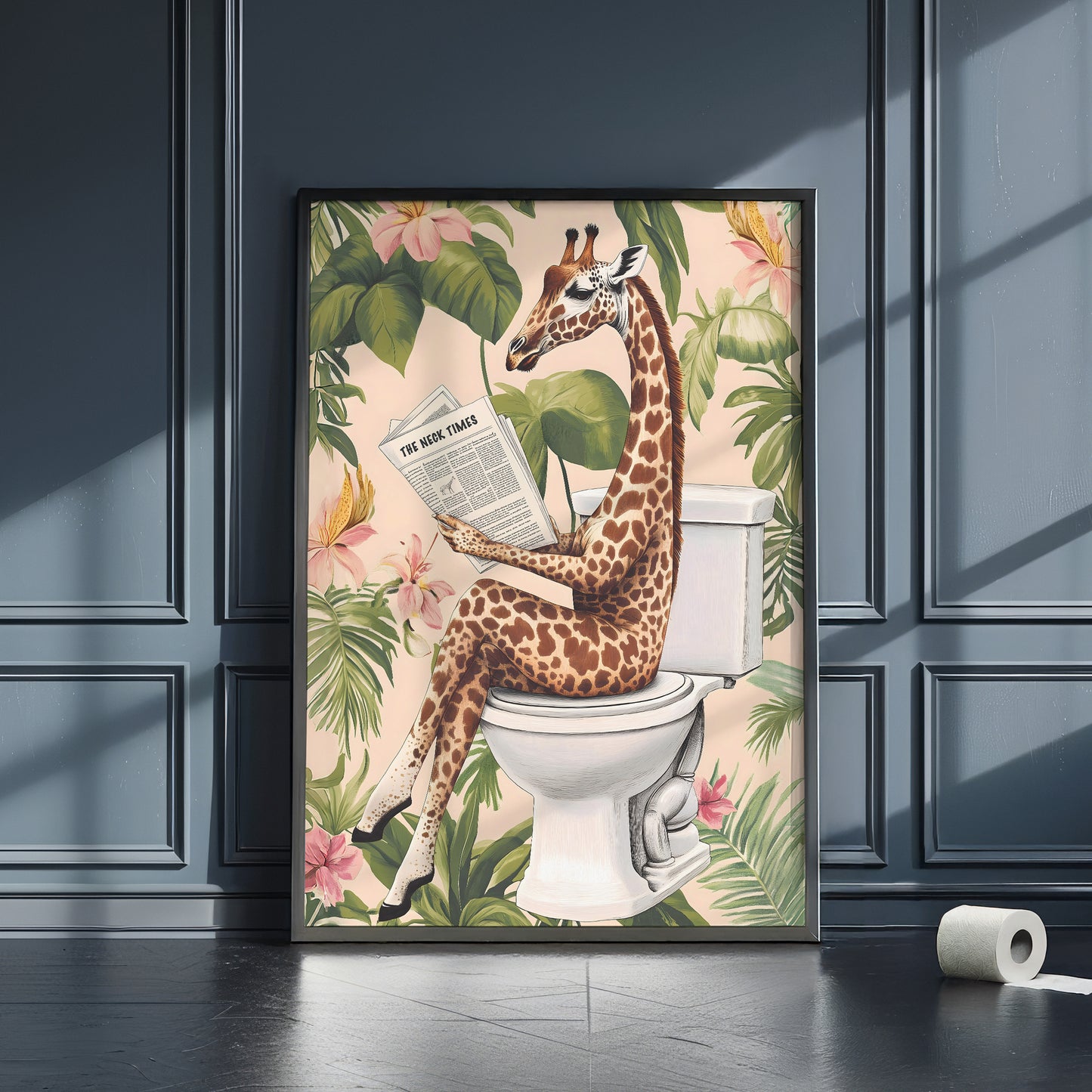 a picture of a giraffe sitting on a toilet