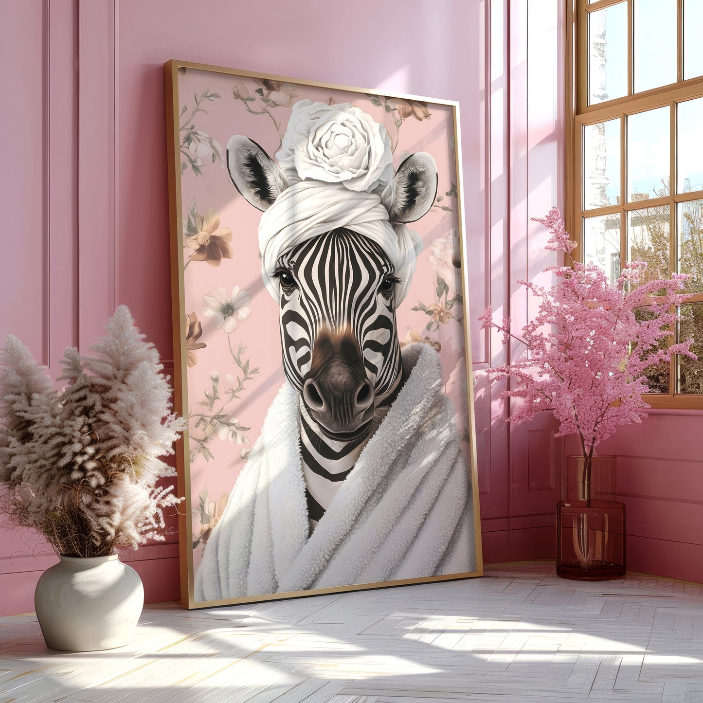 a picture of a zebra with a flower on its head