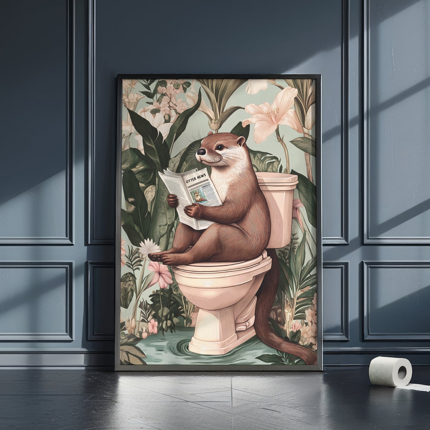 a painting of a raccoon sitting on a toilet reading a book