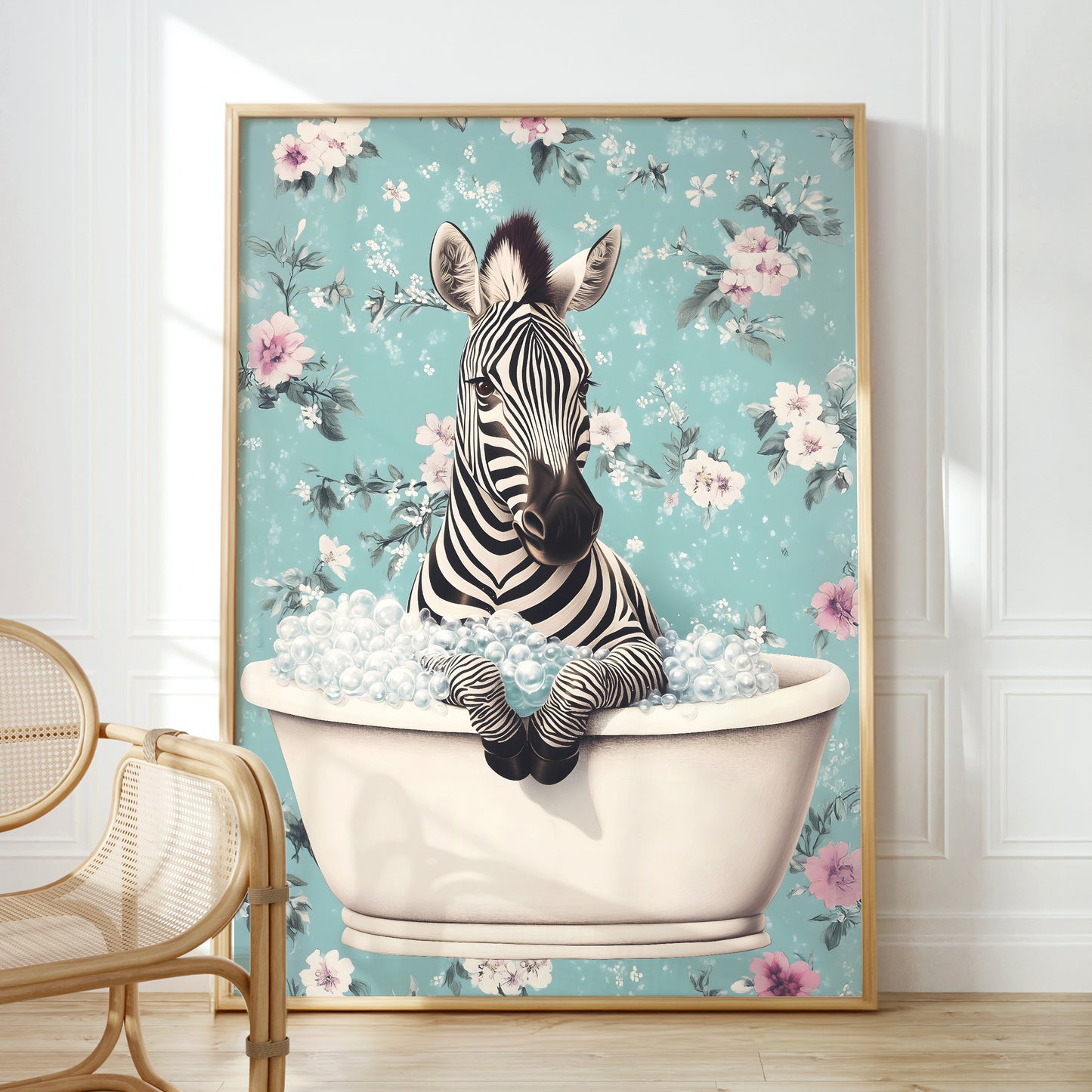 a zebra sitting in a bathtub with flowers on the wall