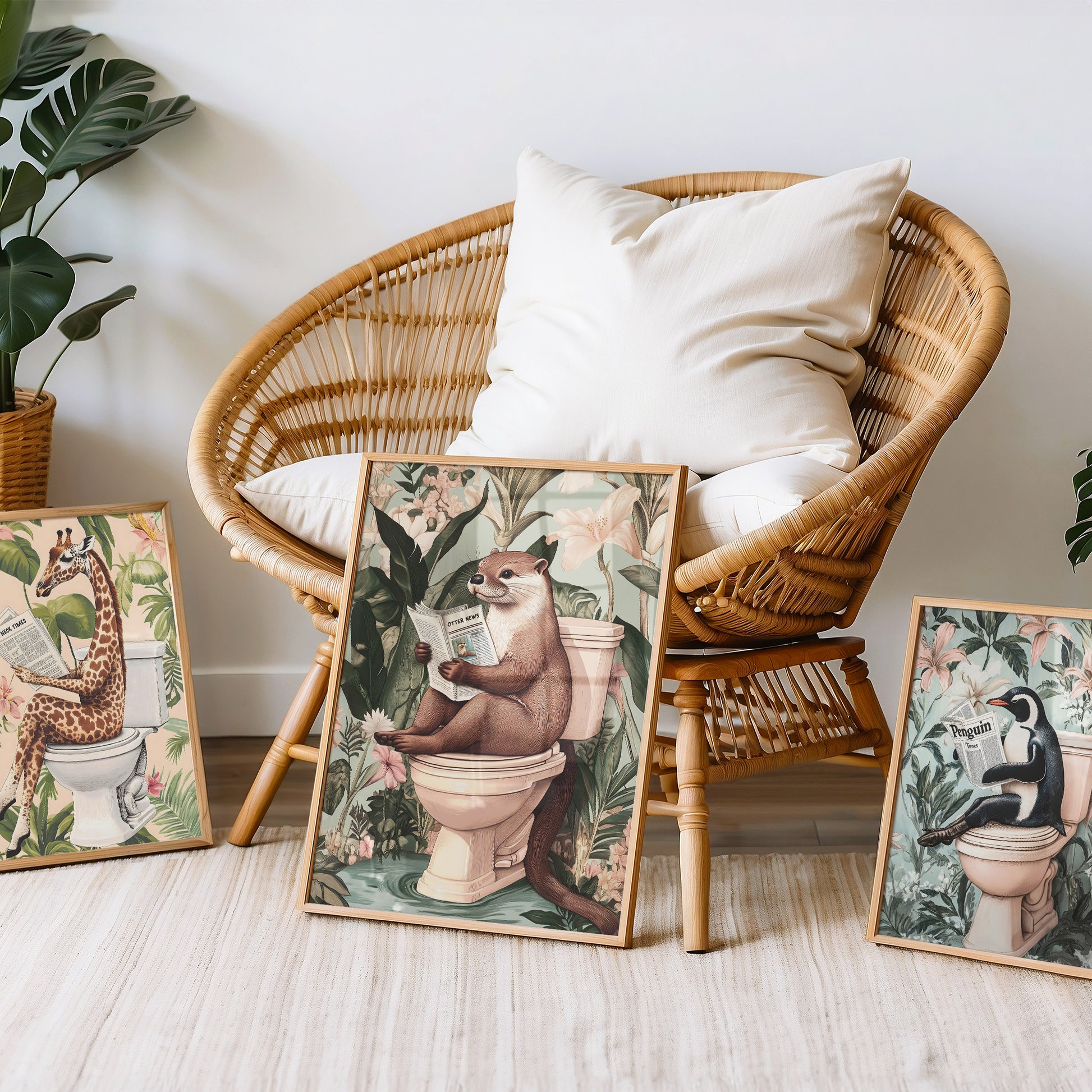 a wicker chair sitting next to a bunch of pictures