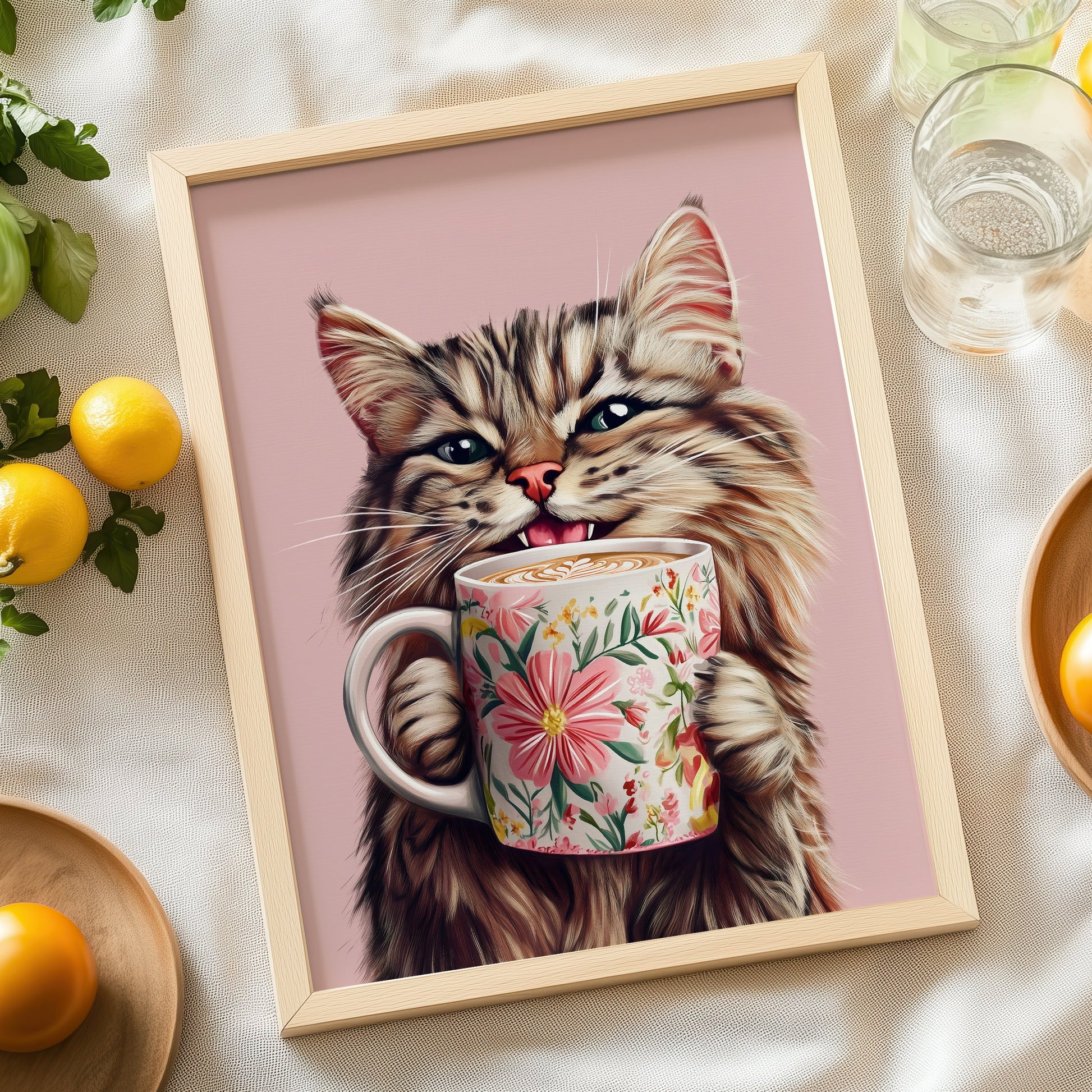 a painting of a cat holding a coffee cup