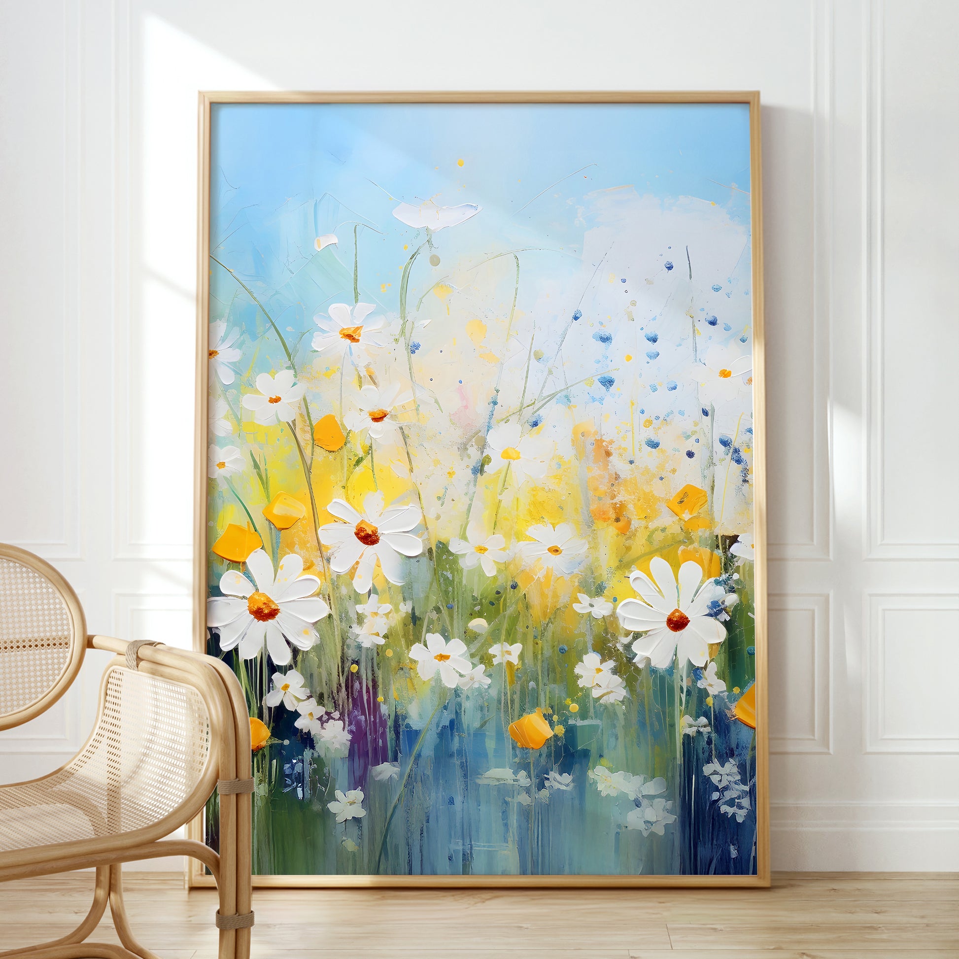 a painting of white daisies and yellow flowers