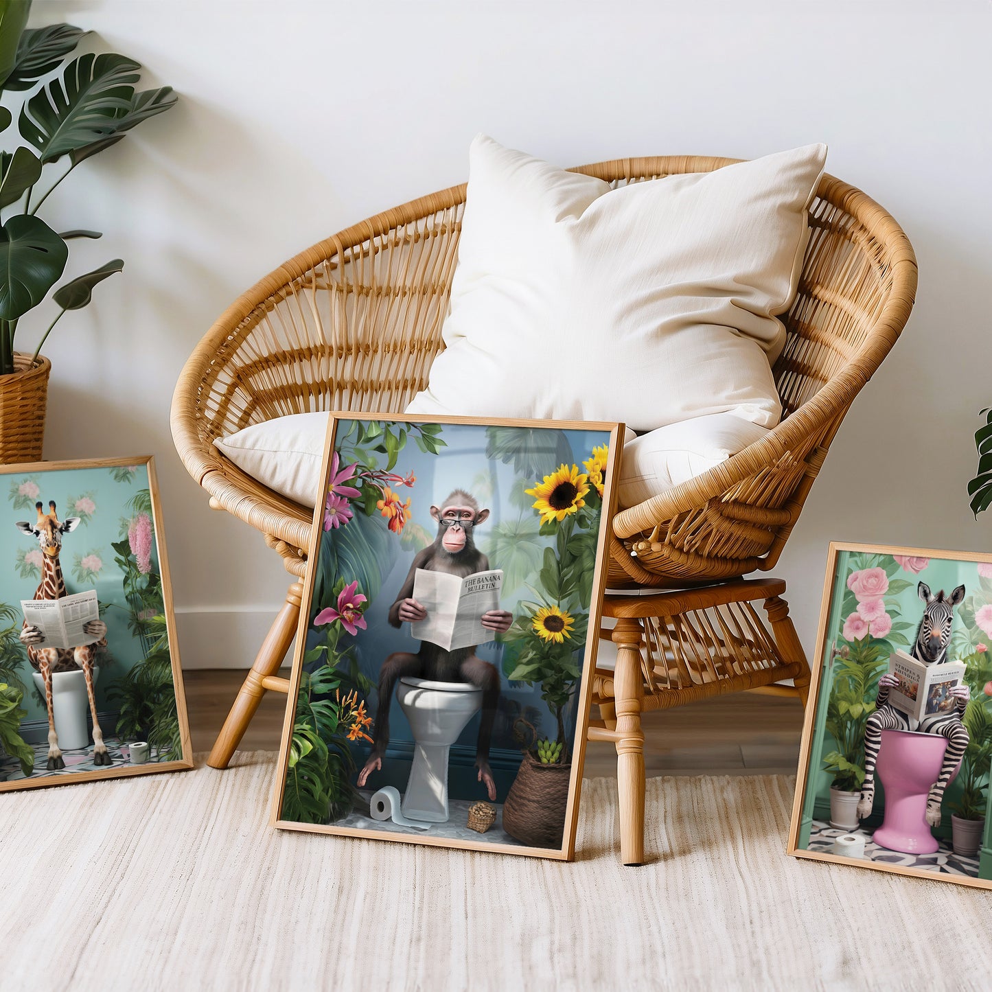 a wicker chair sitting next to a bunch of pictures