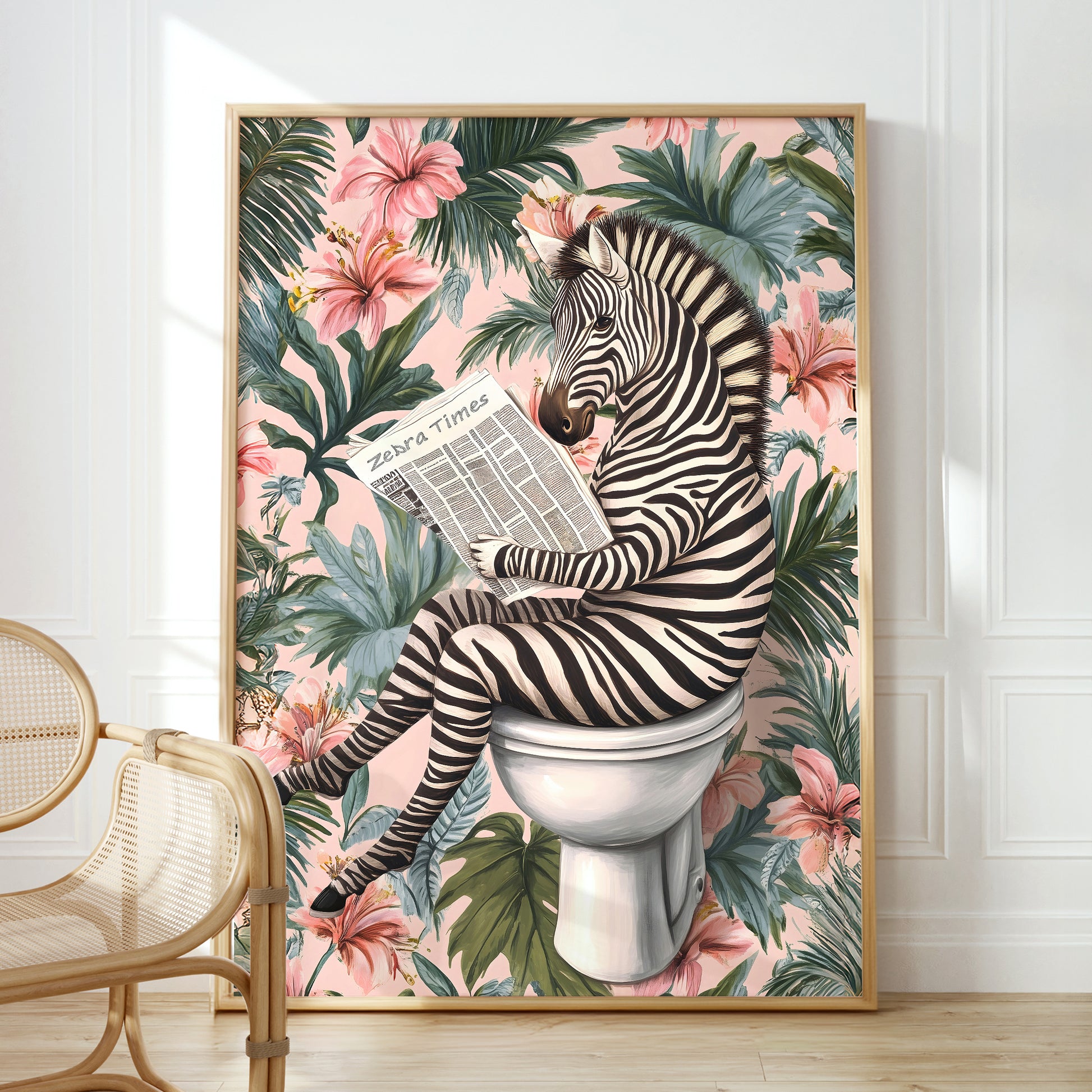 a zebra sitting on a toilet reading a newspaper