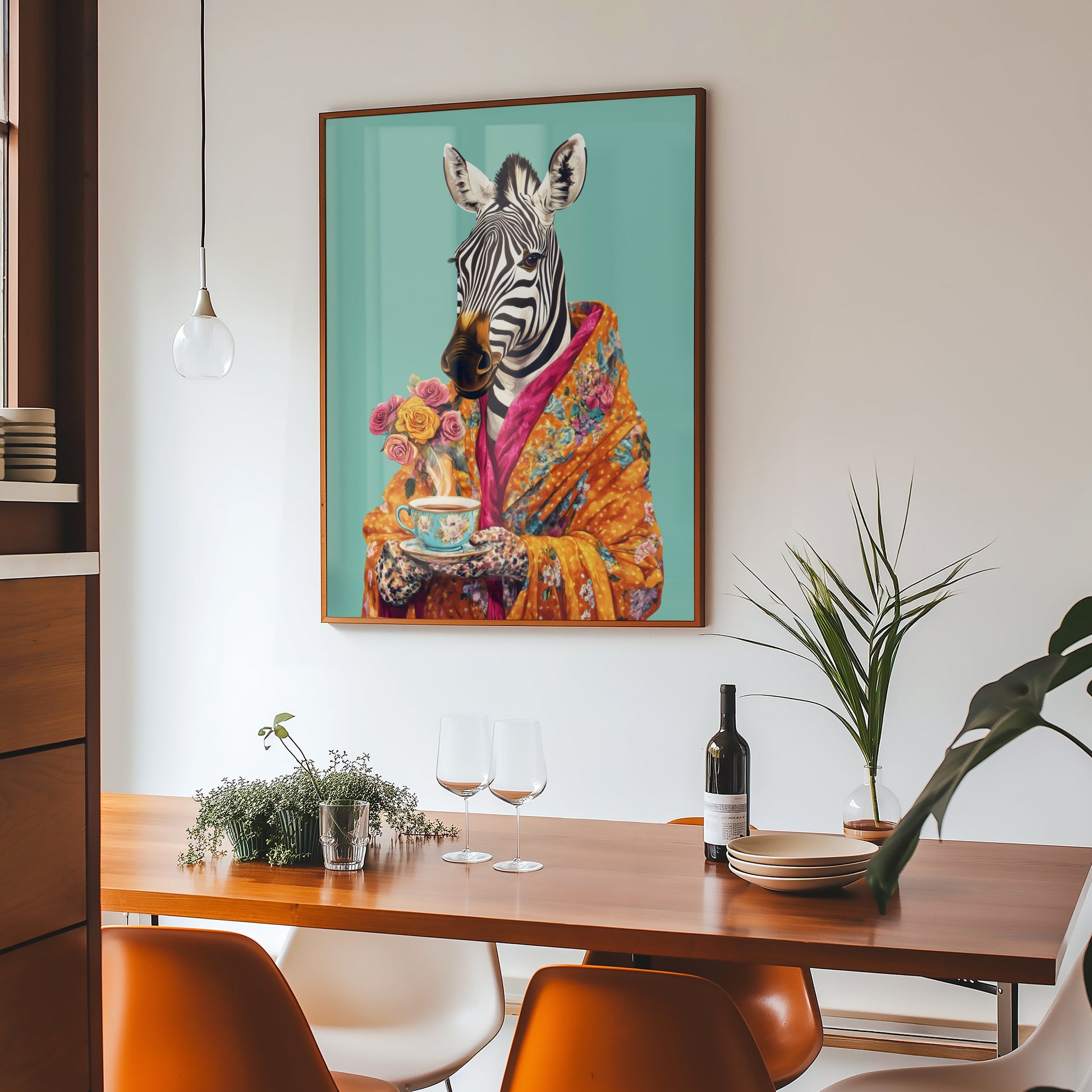 a painting of a zebra in a colorful outfit