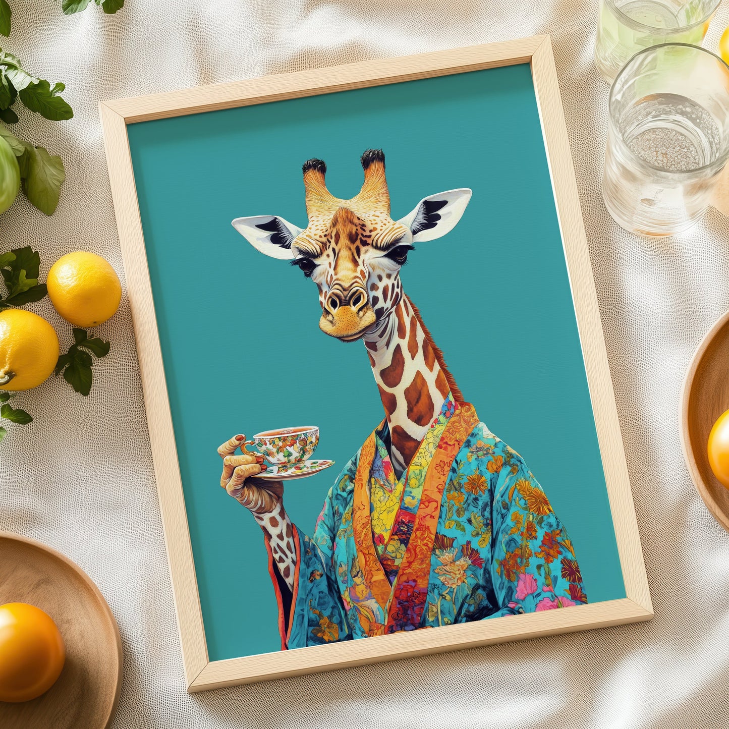 a picture of a giraffe with a cup of coffee