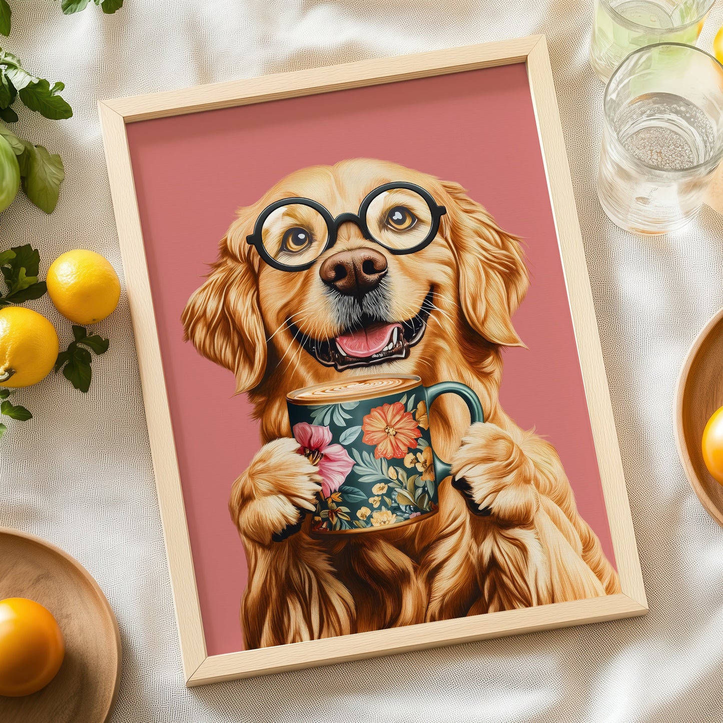 a picture of a dog with glasses holding a cup