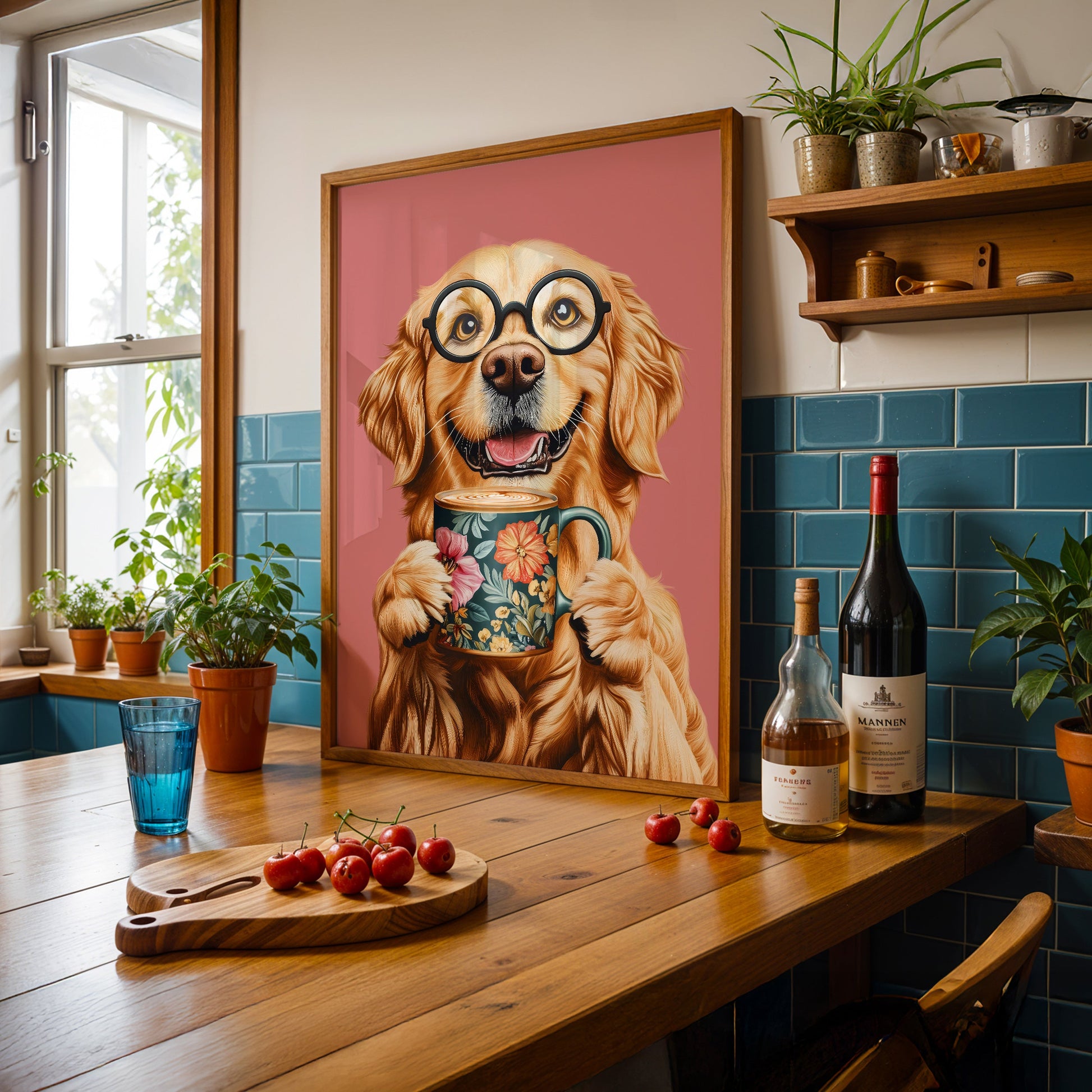 a painting of a dog with glasses holding a cup of coffee