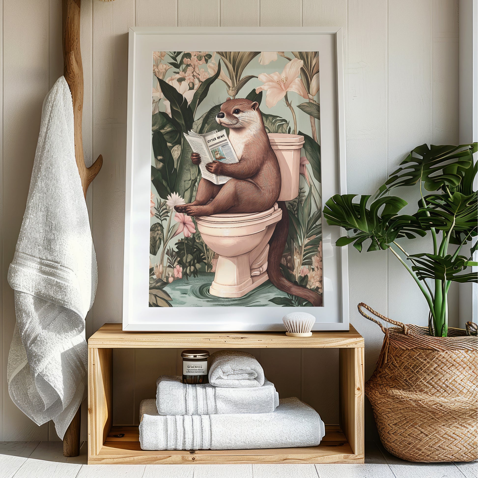 a bathroom with a picture of a beaver on the toilet