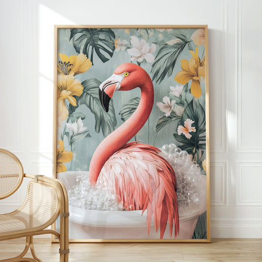 a painting of a flamingo in a bathtub