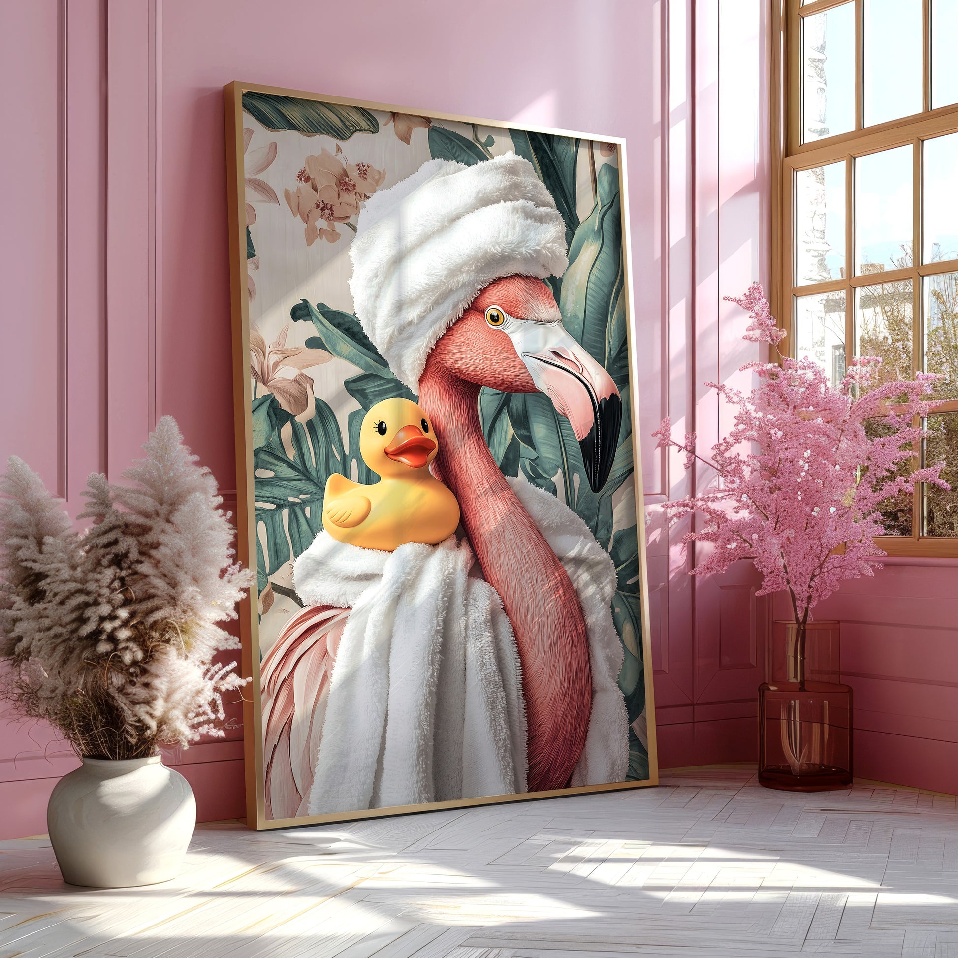 a painting of a flamingo and a rubber duck in a pink room