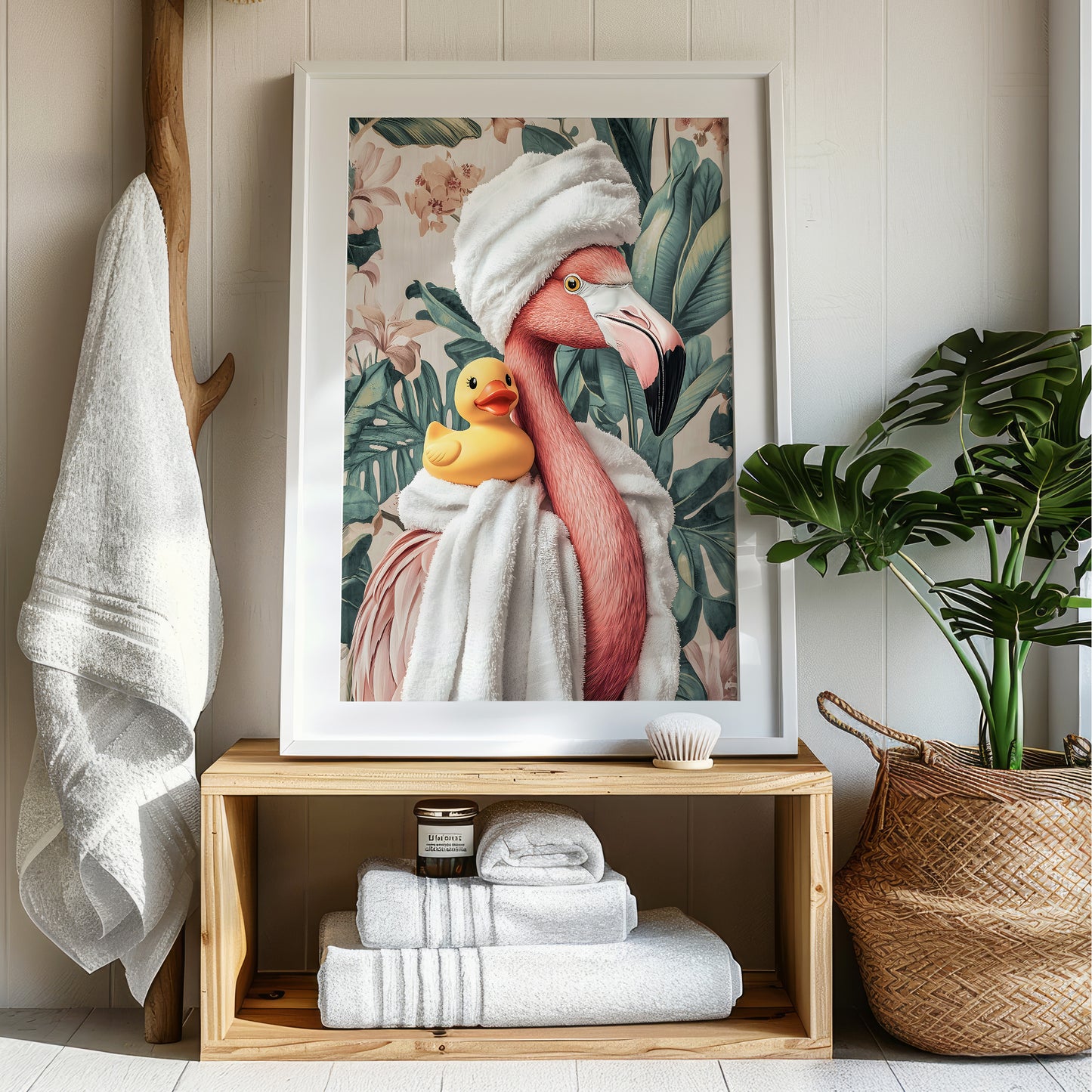 a painting of a flamingo holding a baby in a bathrobe