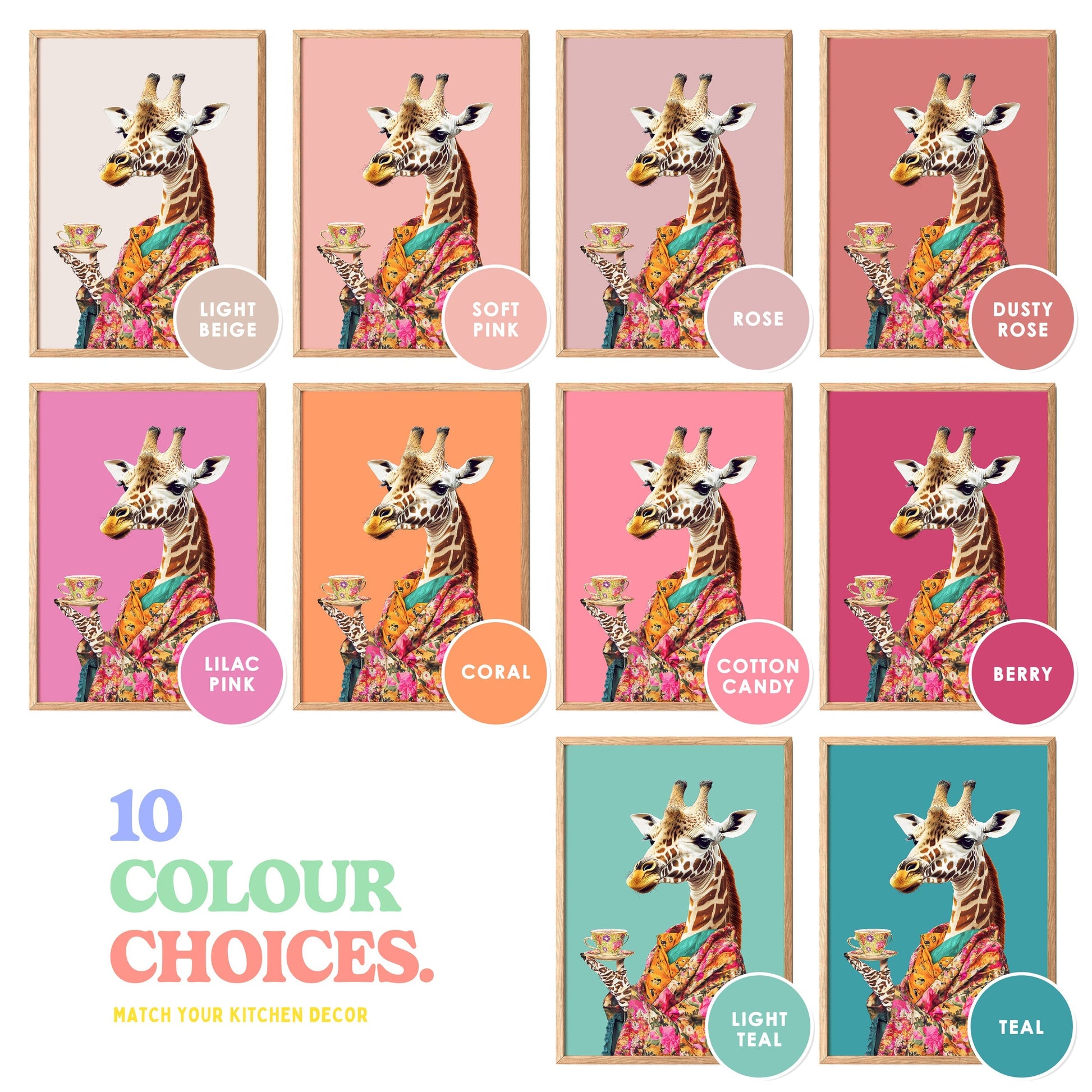 a collage of giraffes with different colors