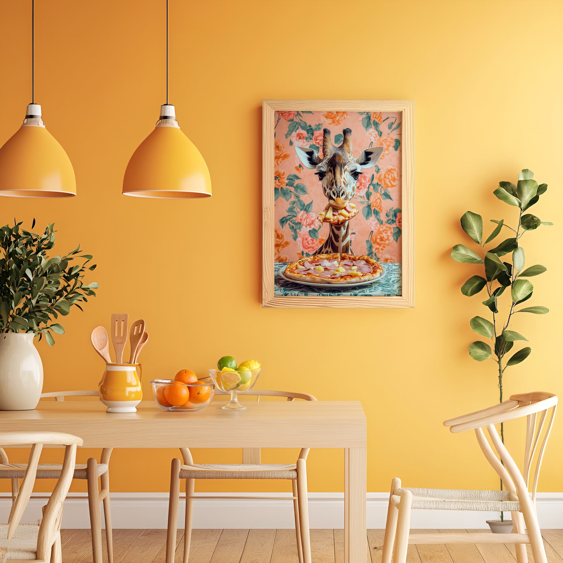 a dining room with a table and chairs and a painting on the wall