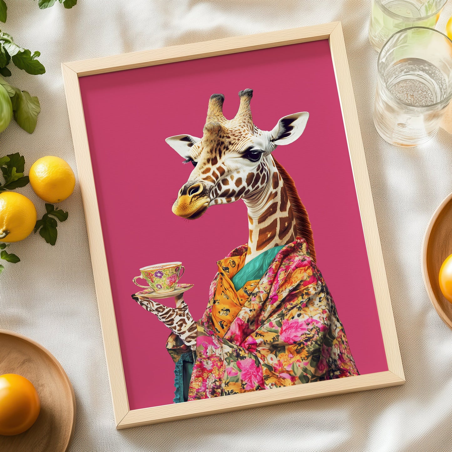 a picture of a giraffe with a pink background