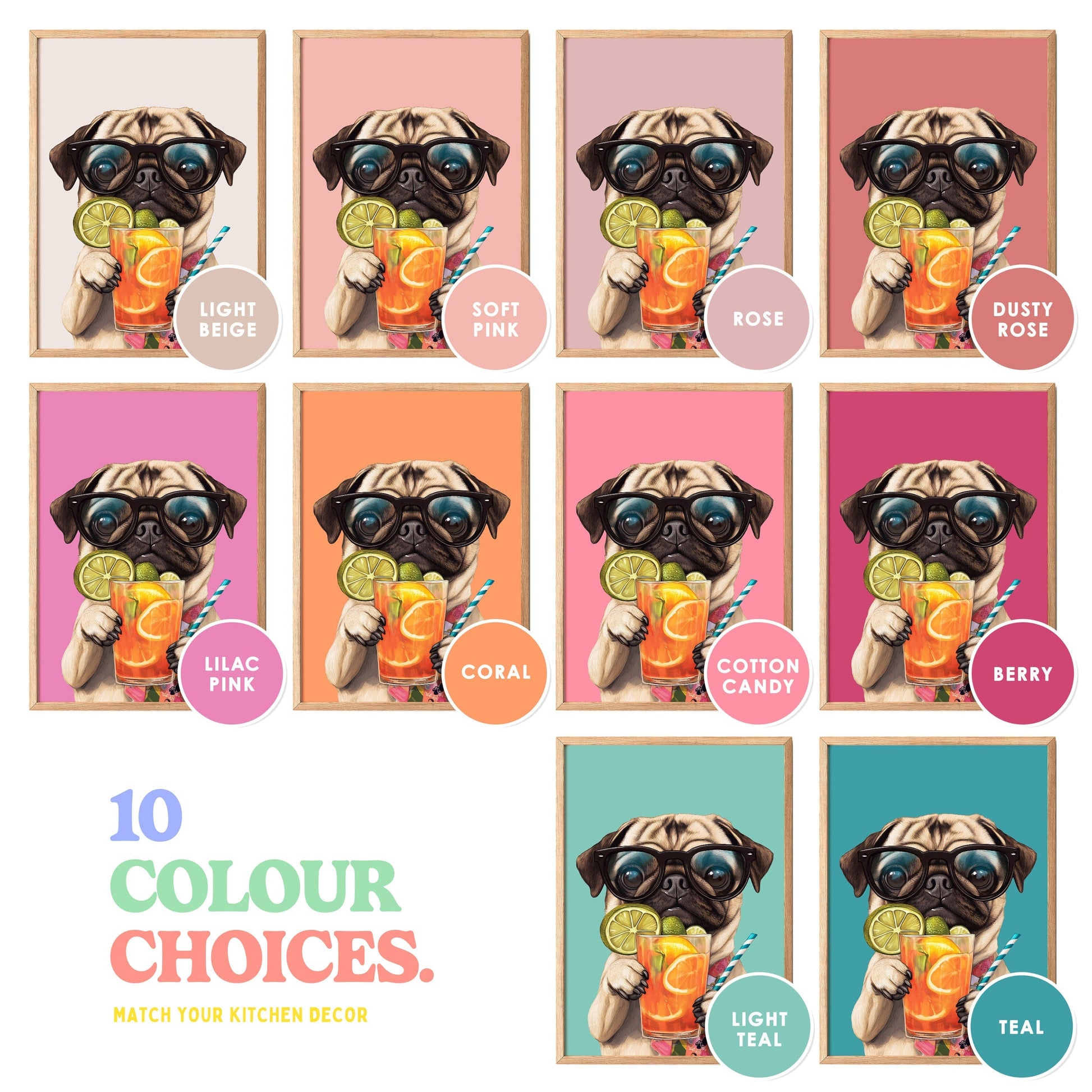 a poster of a pug dog wearing sunglasses and holding an orange slice