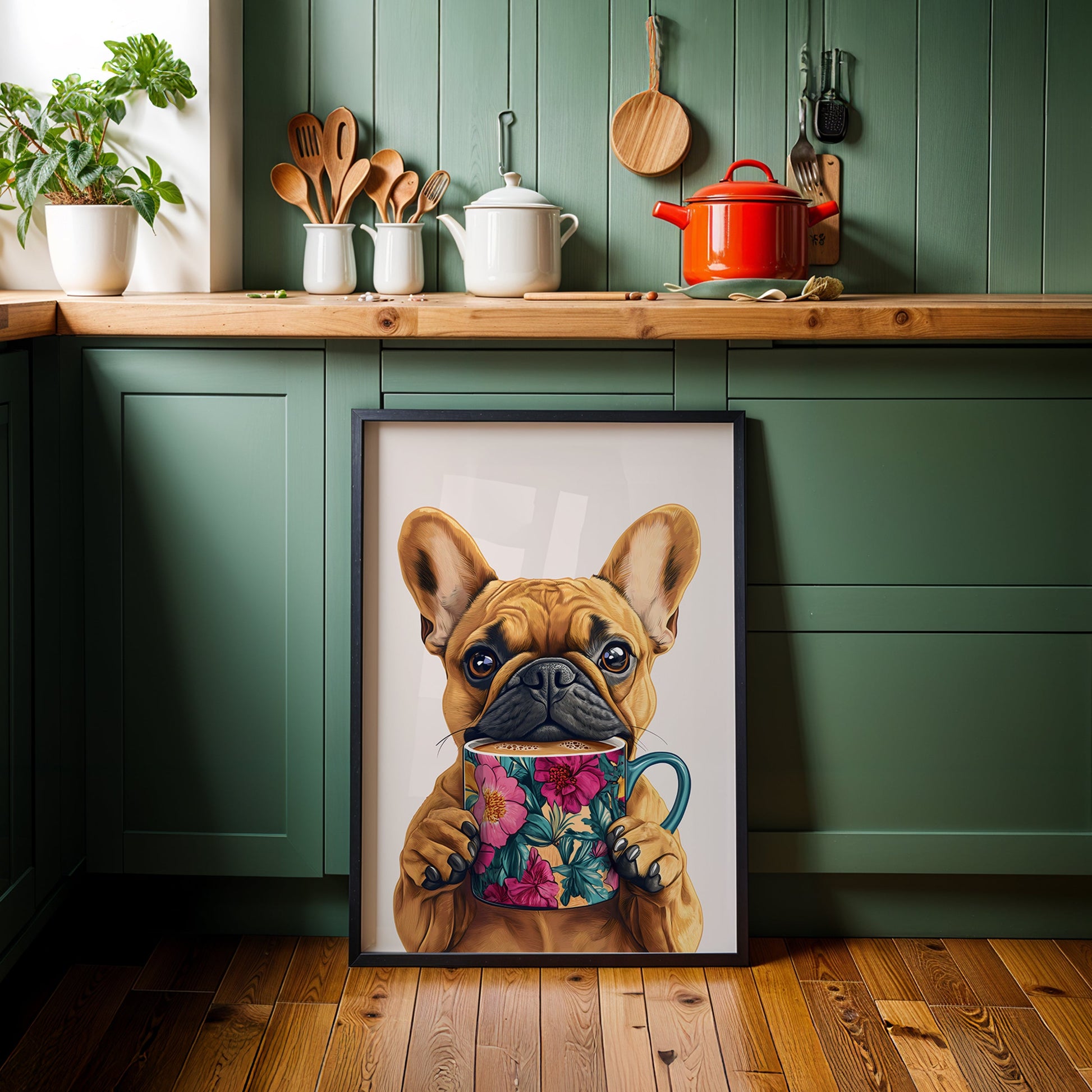 a painting of a dog holding a cup of coffee