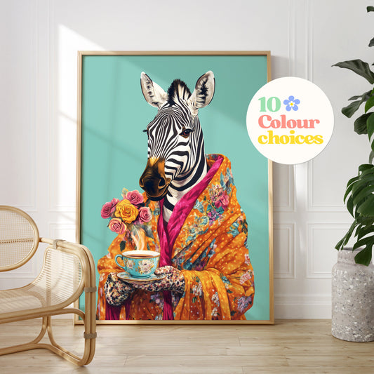 a picture of a zebra wearing a colorful outfit