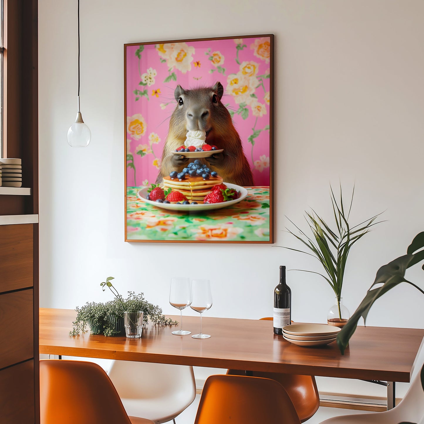 a painting of a horse eating cake on a table