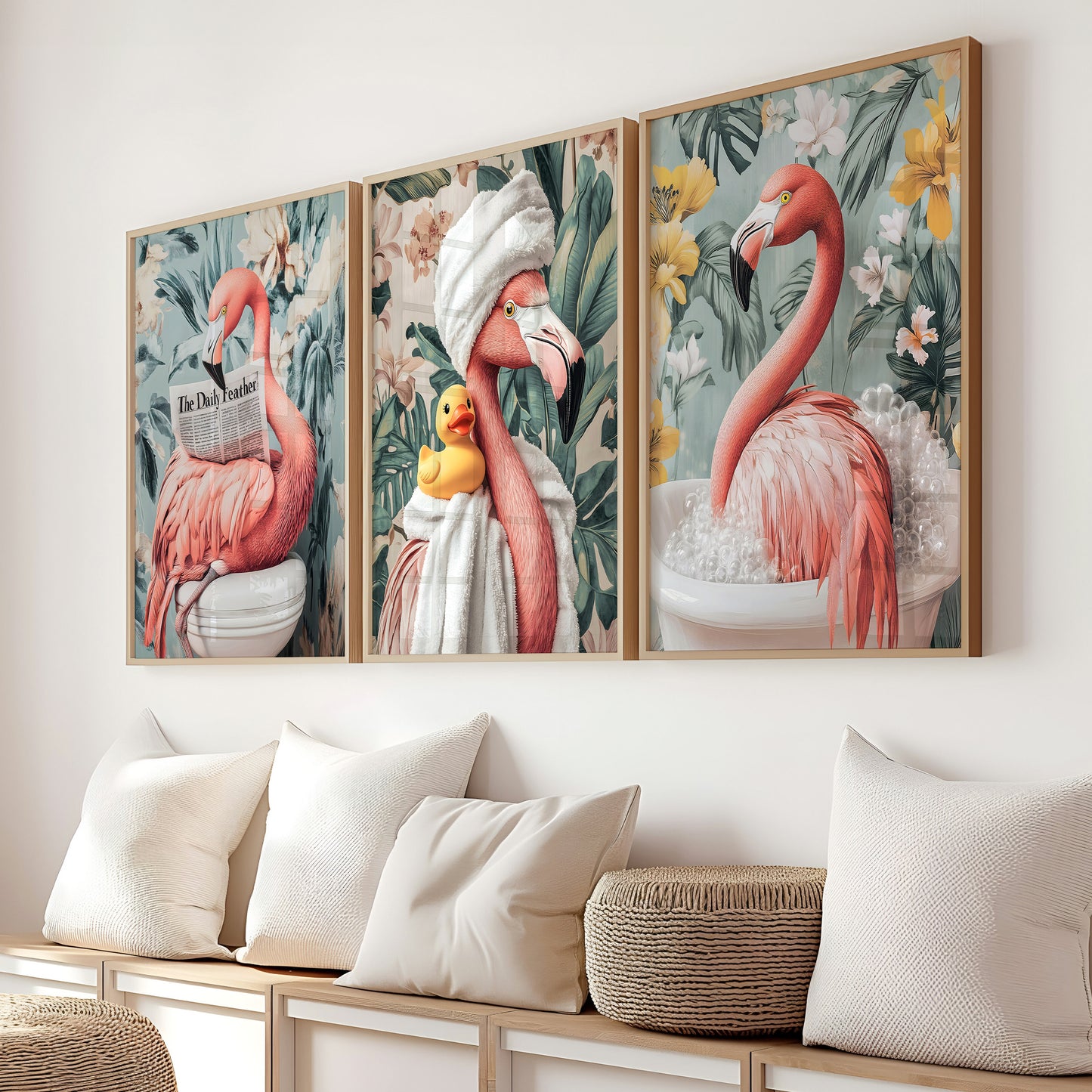 a couple of flamingos are hanging on a wall