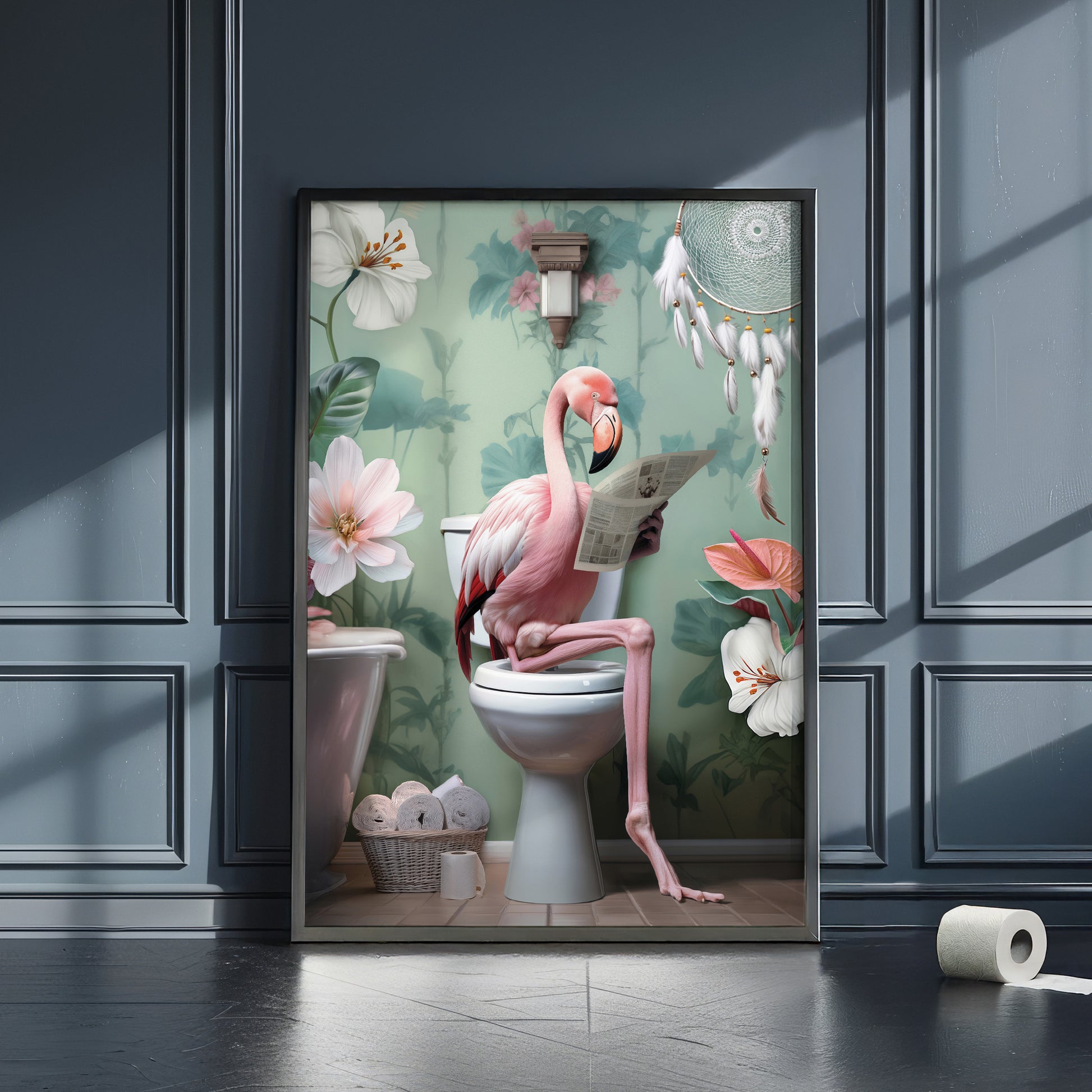 a pink flamingo sitting on top of a toilet